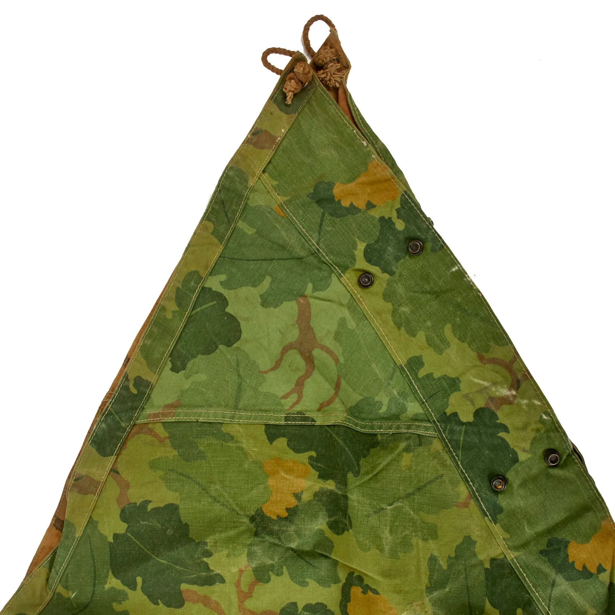 Original U.S. Korean War 1953 Dated Mitchell Pattern Camouflage Shelter Half with Poles & Pins — image 5