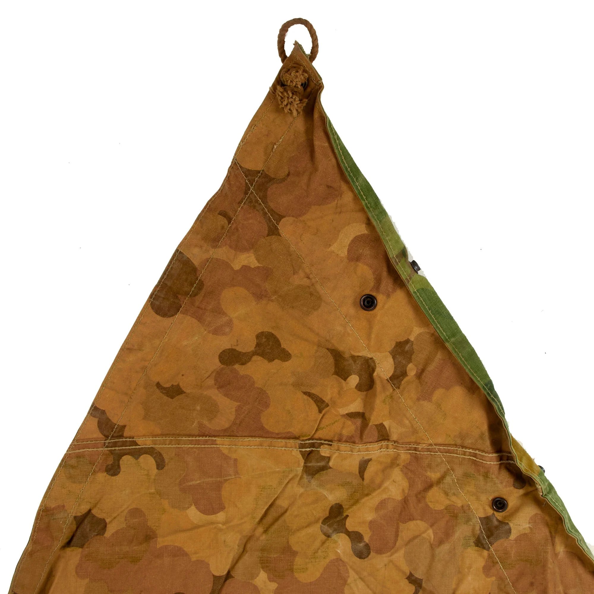 Original U.S. Korean War 1953 Dated Mitchell Pattern Camouflage Shelter Half with Poles & Pins — image 6