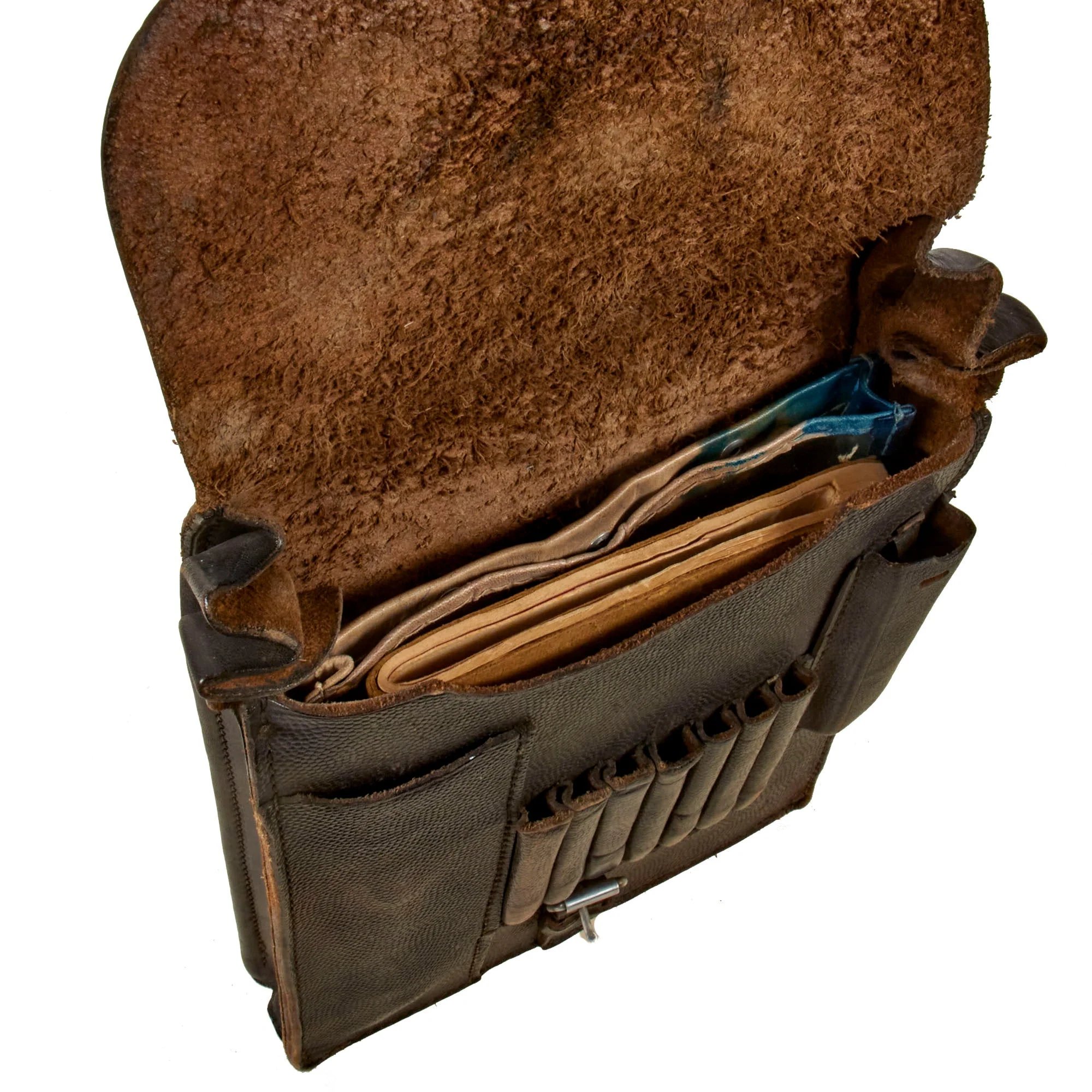 Original German WWII M35 Black Leather Dispatch Map Case with Antitank Unit Marked Plastic Insert — image 2