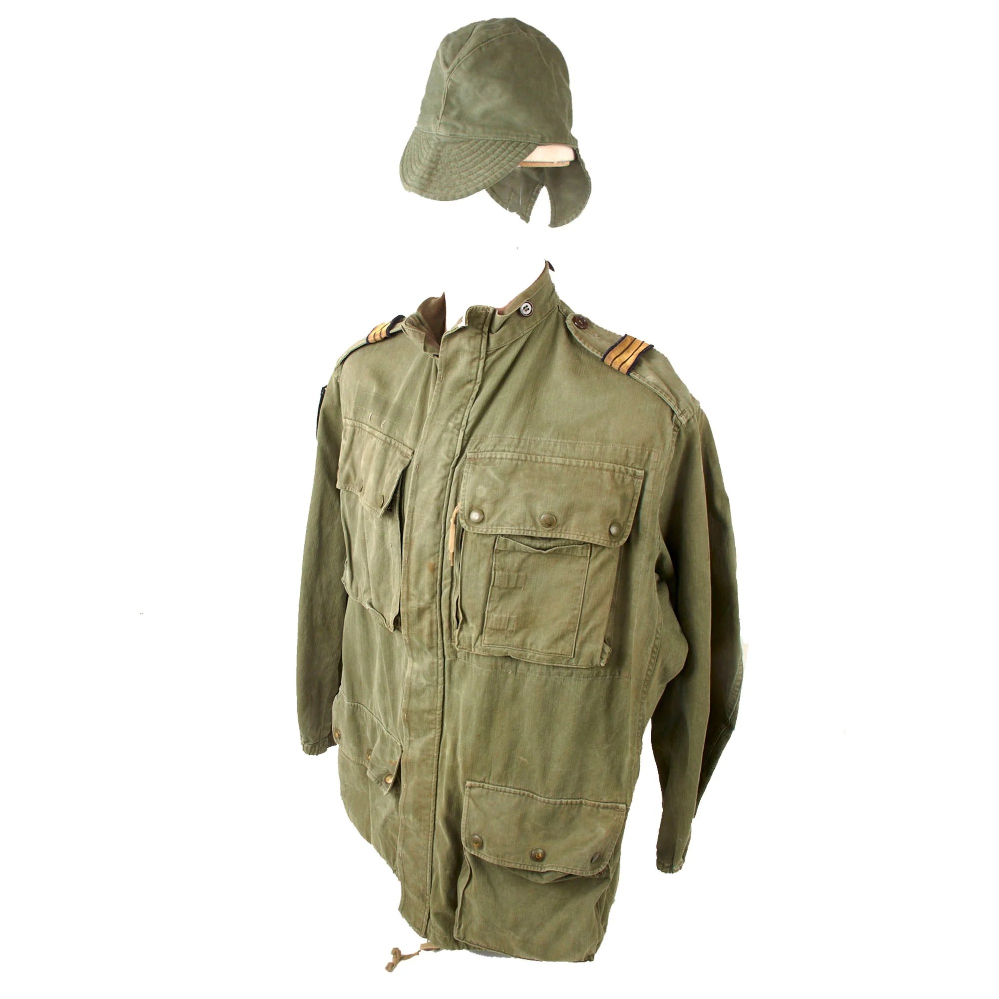 Original French First Indochina War Era TAP 47/56 Olive Drab Parachute Smock with Cap & 11th French Airborne Division Patch — image 2