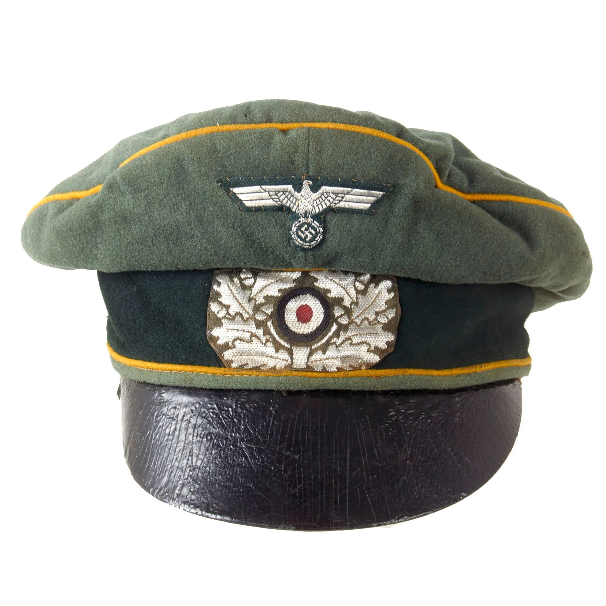 Original German WWII Heer Army Cavalry Officer Schirmmütze Visor Crush Cap with Leather Brim - Missing Sweatband — image 2