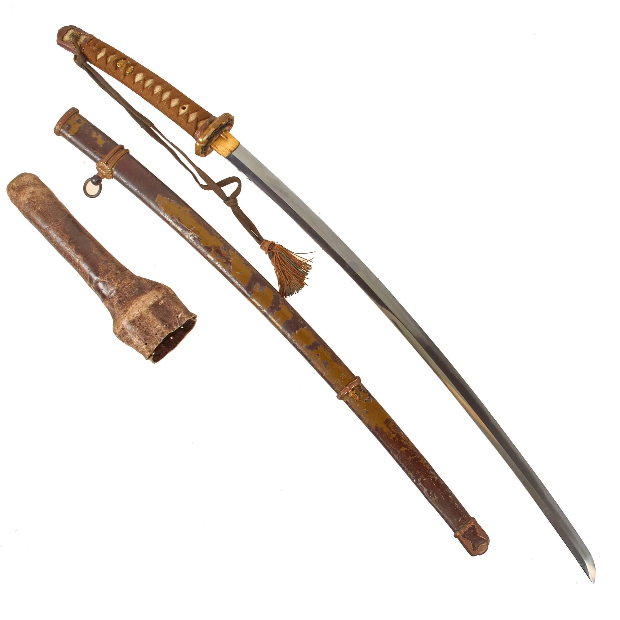Original WWII Japanese Type 98 Shin-Gunto Katana with Handmade Edo Period Blade, Leather Handle Cover, Steel Scabbard, and Company Grade Tassel — image 3