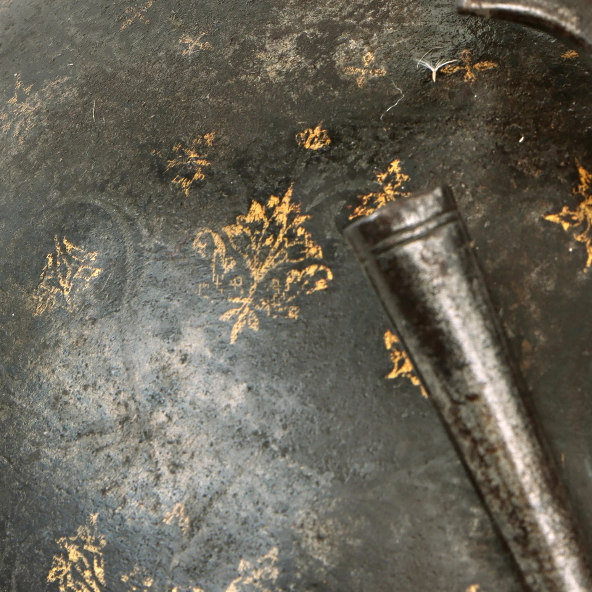 Original Magnificent Gold Inlaid & Etched Kulah Khud War Helmet with Chainmail Neck Covering and Lovely Carved Wooden Stand - Late 18th Century — image 10