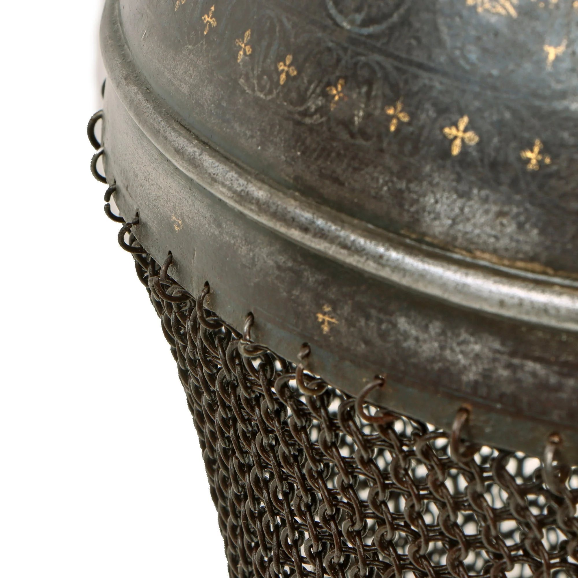 Original Magnificent Gold Inlaid & Etched Kulah Khud War Helmet with Chainmail Neck Covering and Lovely Carved Wooden Stand - Late 18th Century — image 11