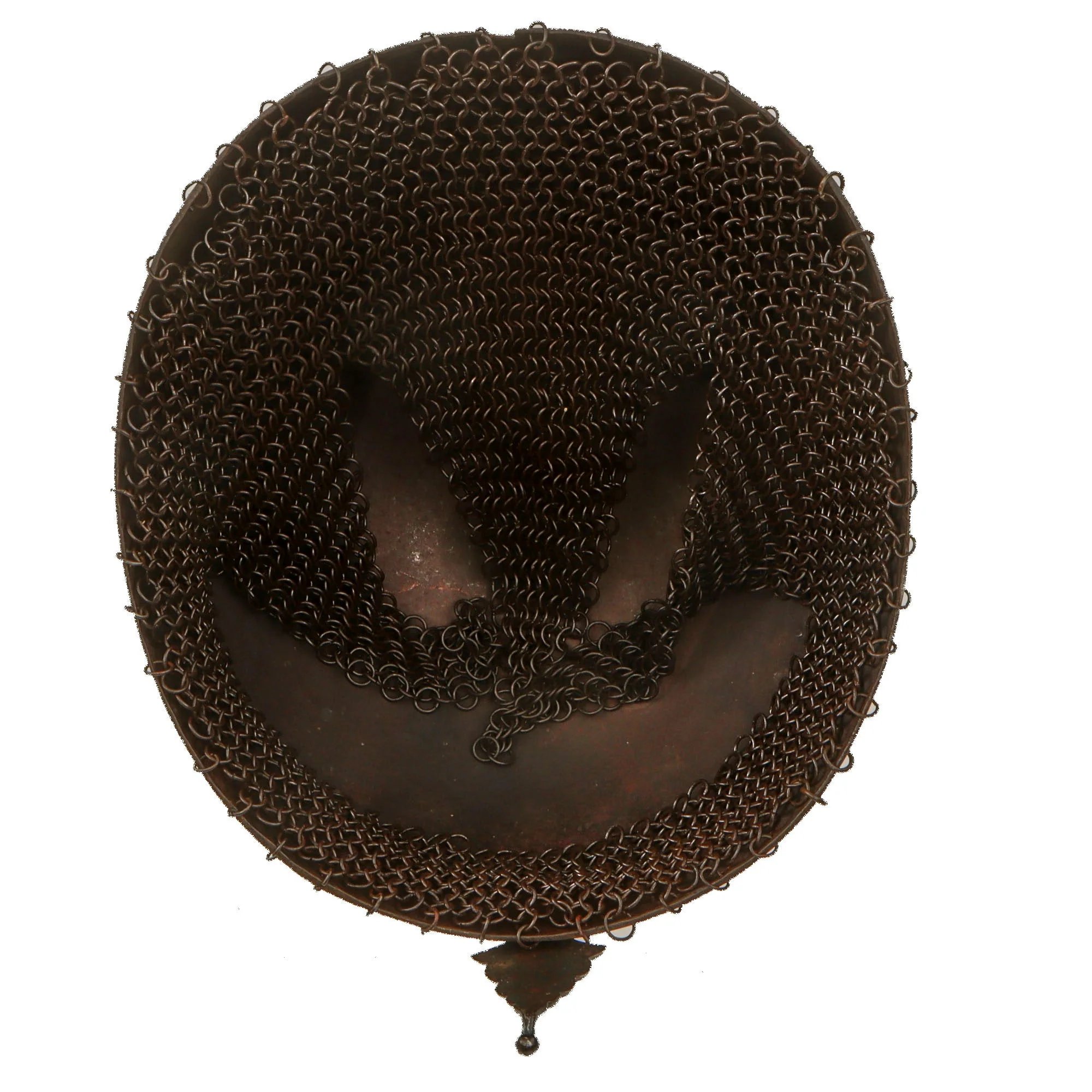 Original Magnificent Gold Inlaid & Etched Kulah Khud War Helmet with Chainmail Neck Covering and Lovely Carved Wooden Stand - Late 18th Century — image 12