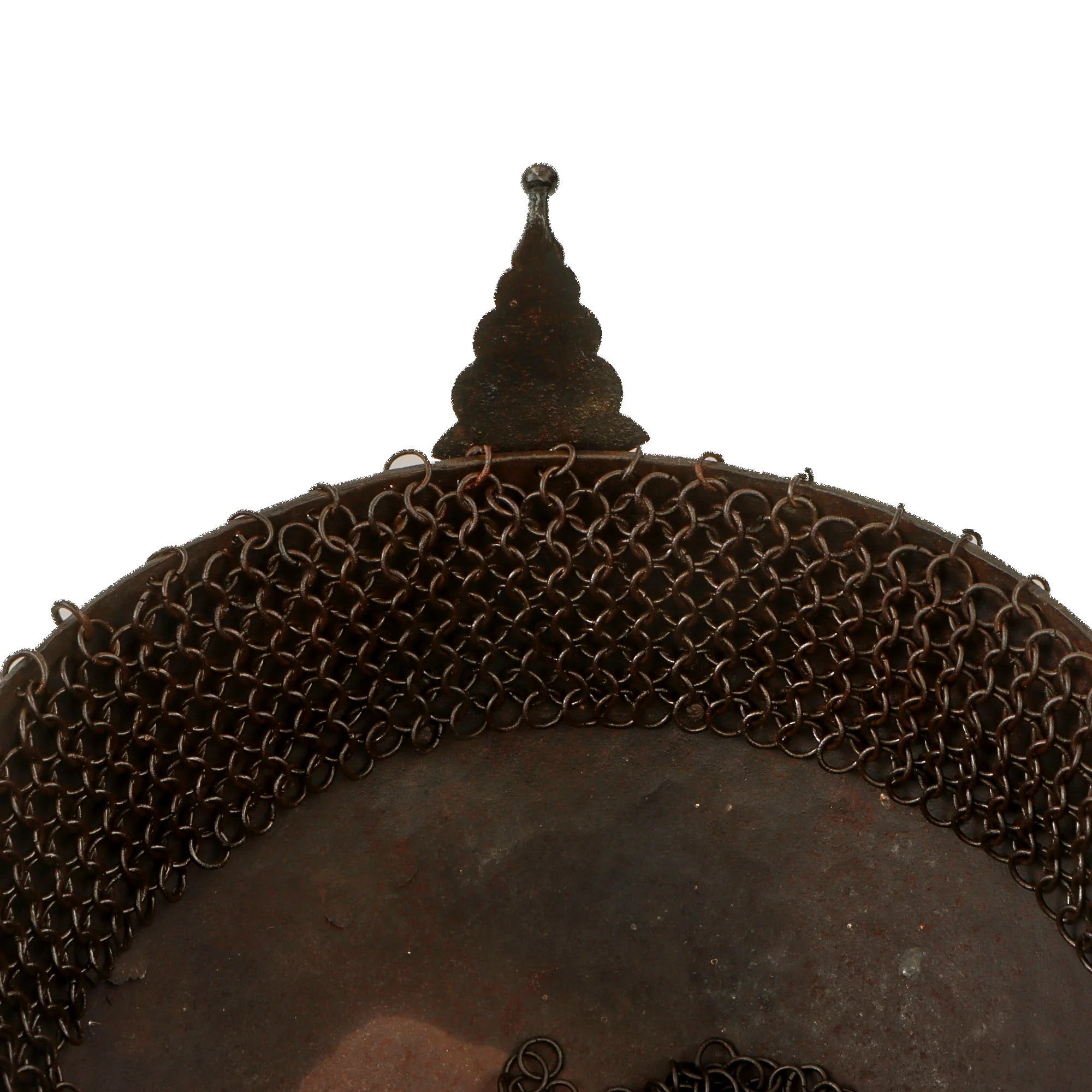 Original Magnificent Gold Inlaid & Etched Kulah Khud War Helmet with Chainmail Neck Covering and Lovely Carved Wooden Stand - Late 18th Century — image 13