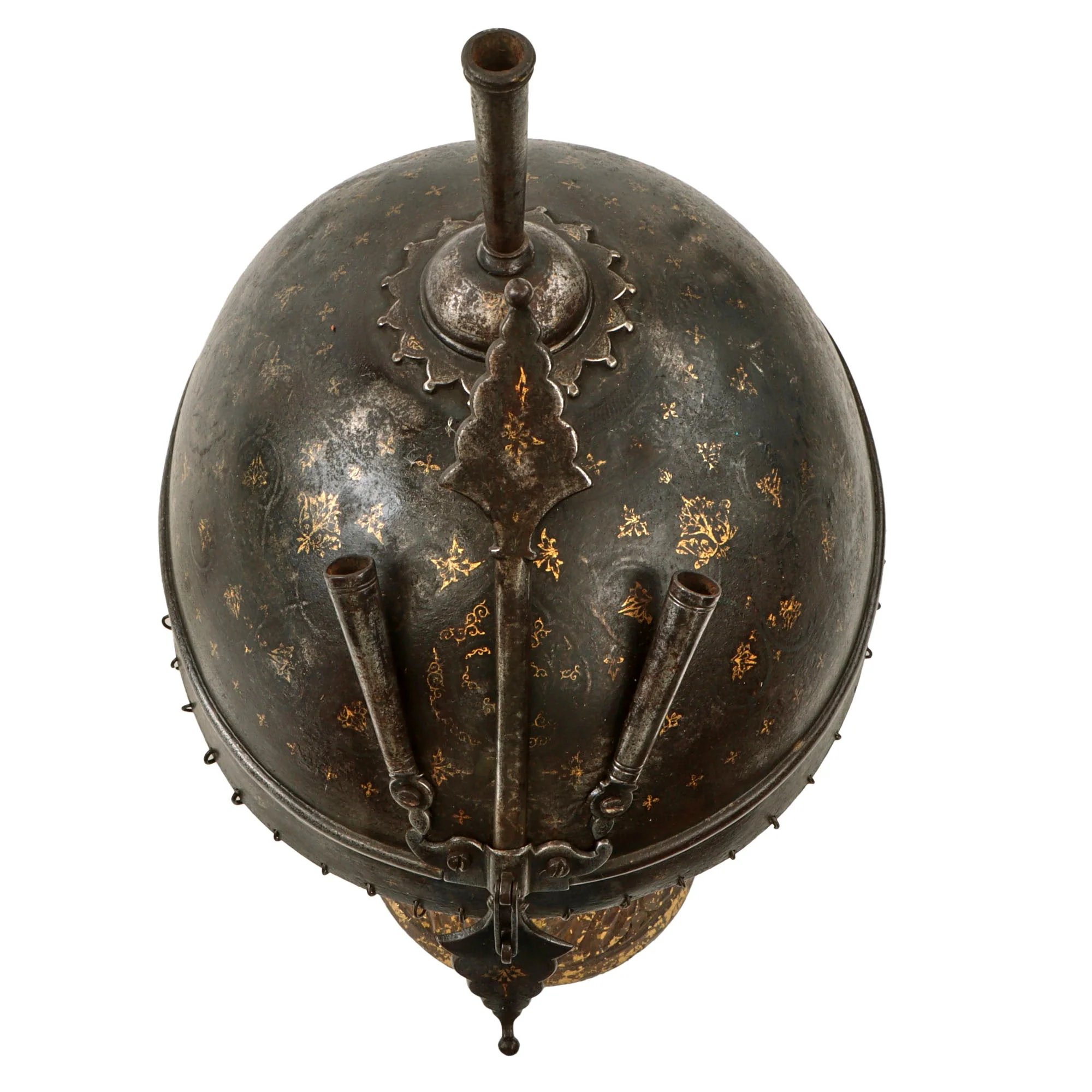 Original Magnificent Gold Inlaid & Etched Kulah Khud War Helmet with Chainmail Neck Covering and Lovely Carved Wooden Stand - Late 18th Century — image 15