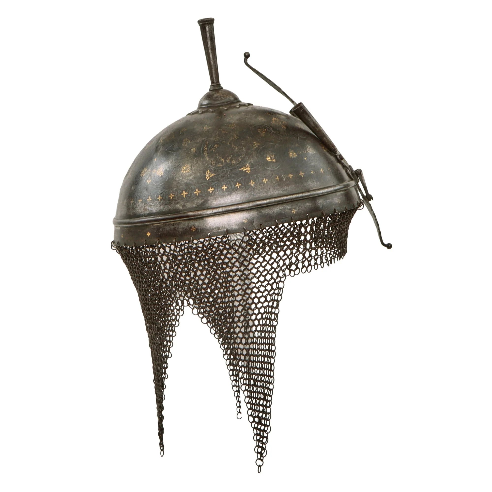 Original Magnificent Gold Inlaid & Etched Kulah Khud War Helmet with Chainmail Neck Covering and Lovely Carved Wooden Stand - Late 18th Century — image 17