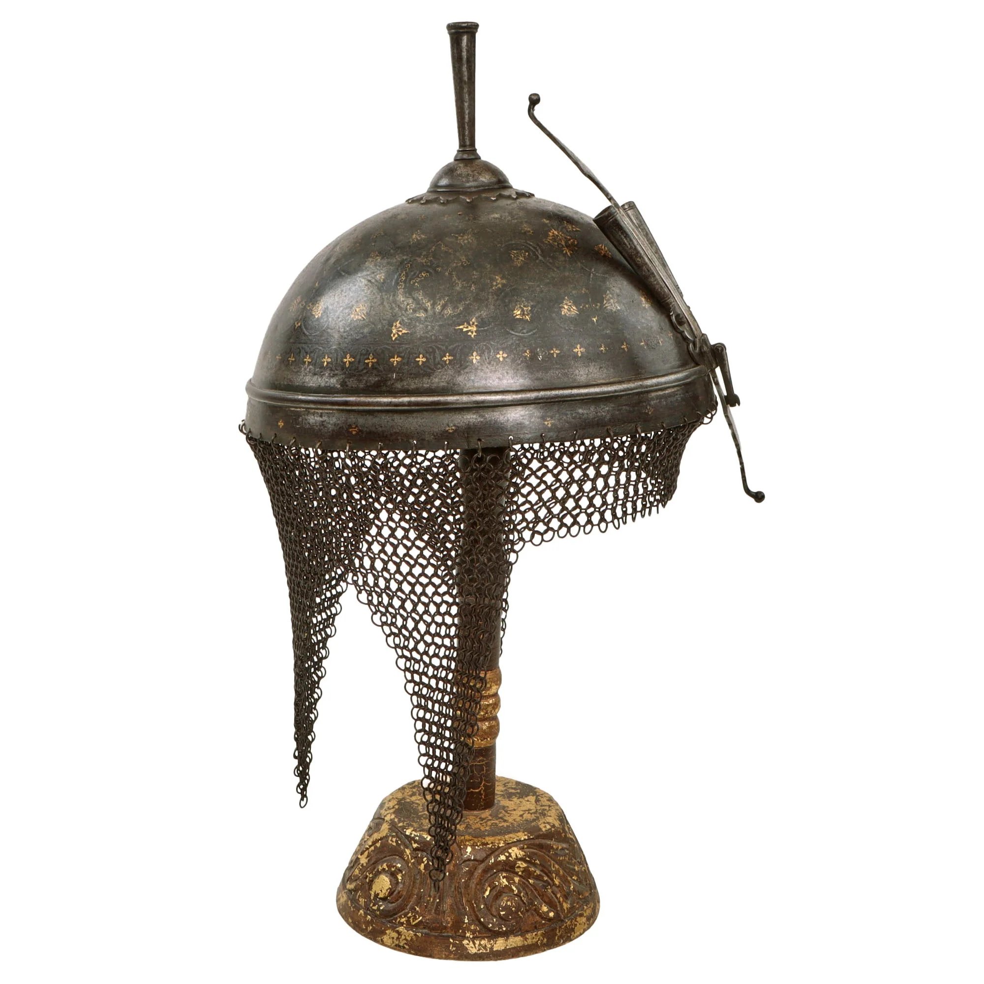 Original Magnificent Gold Inlaid & Etched Kulah Khud War Helmet with Chainmail Neck Covering and Lovely Carved Wooden Stand - Late 18th Century — image 18