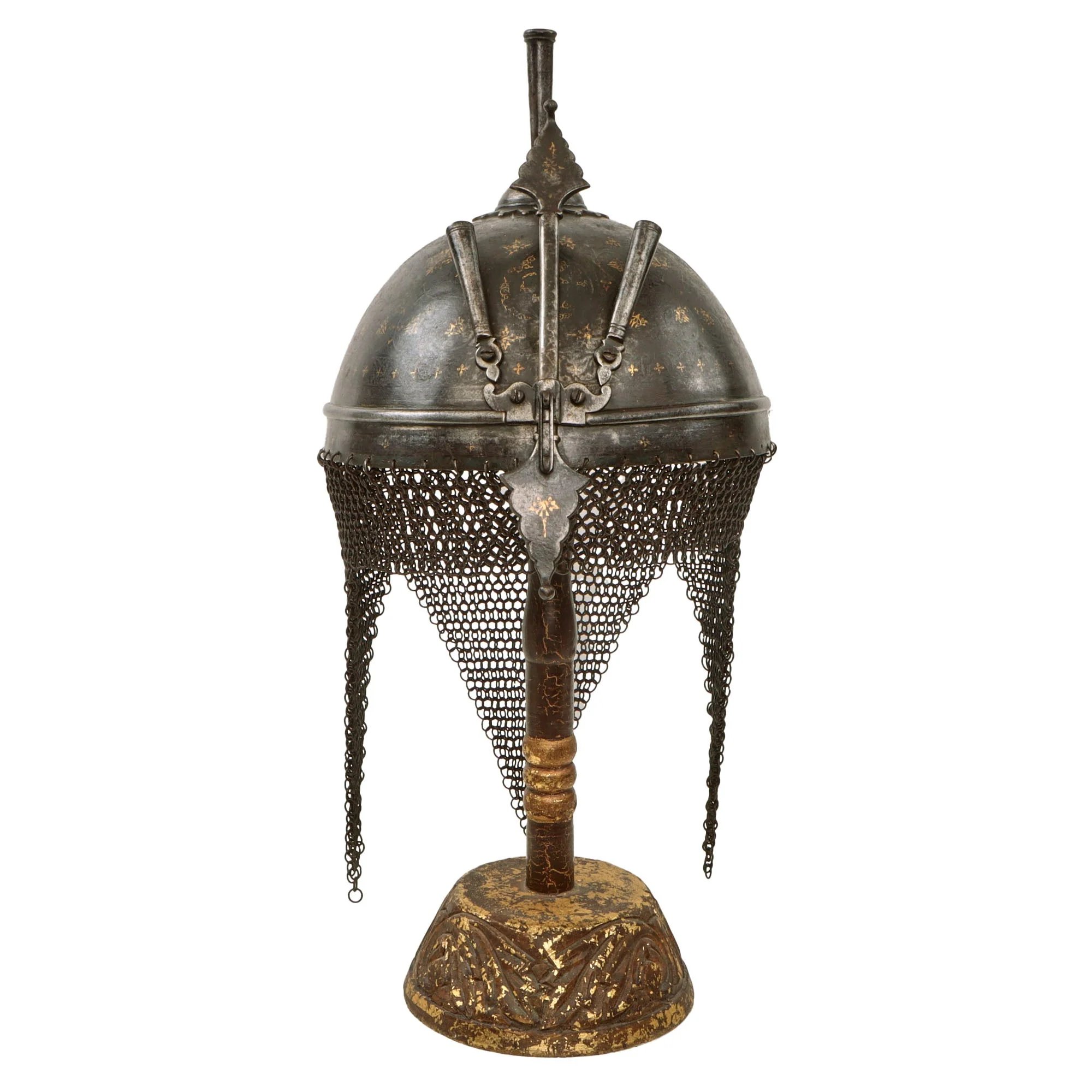 Original Magnificent Gold Inlaid & Etched Kulah Khud War Helmet with Chainmail Neck Covering and Lovely Carved Wooden Stand - Late 18th Century — image 2
