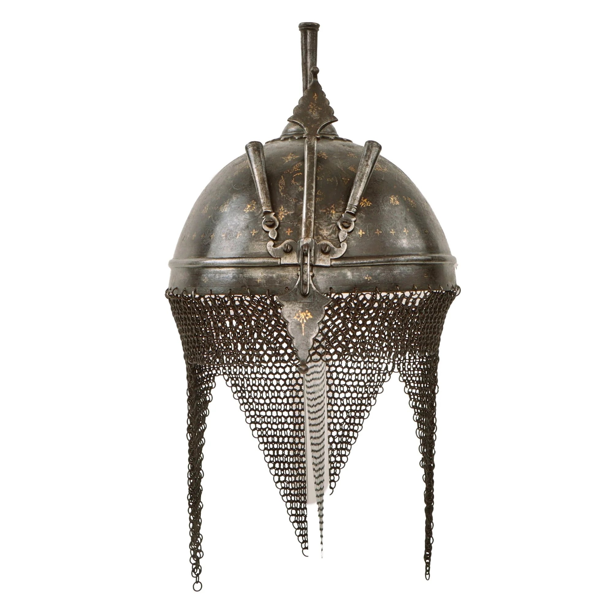 Original Magnificent Gold Inlaid & Etched Kulah Khud War Helmet with Chainmail Neck Covering and Lovely Carved Wooden Stand - Late 18th Century — image 3