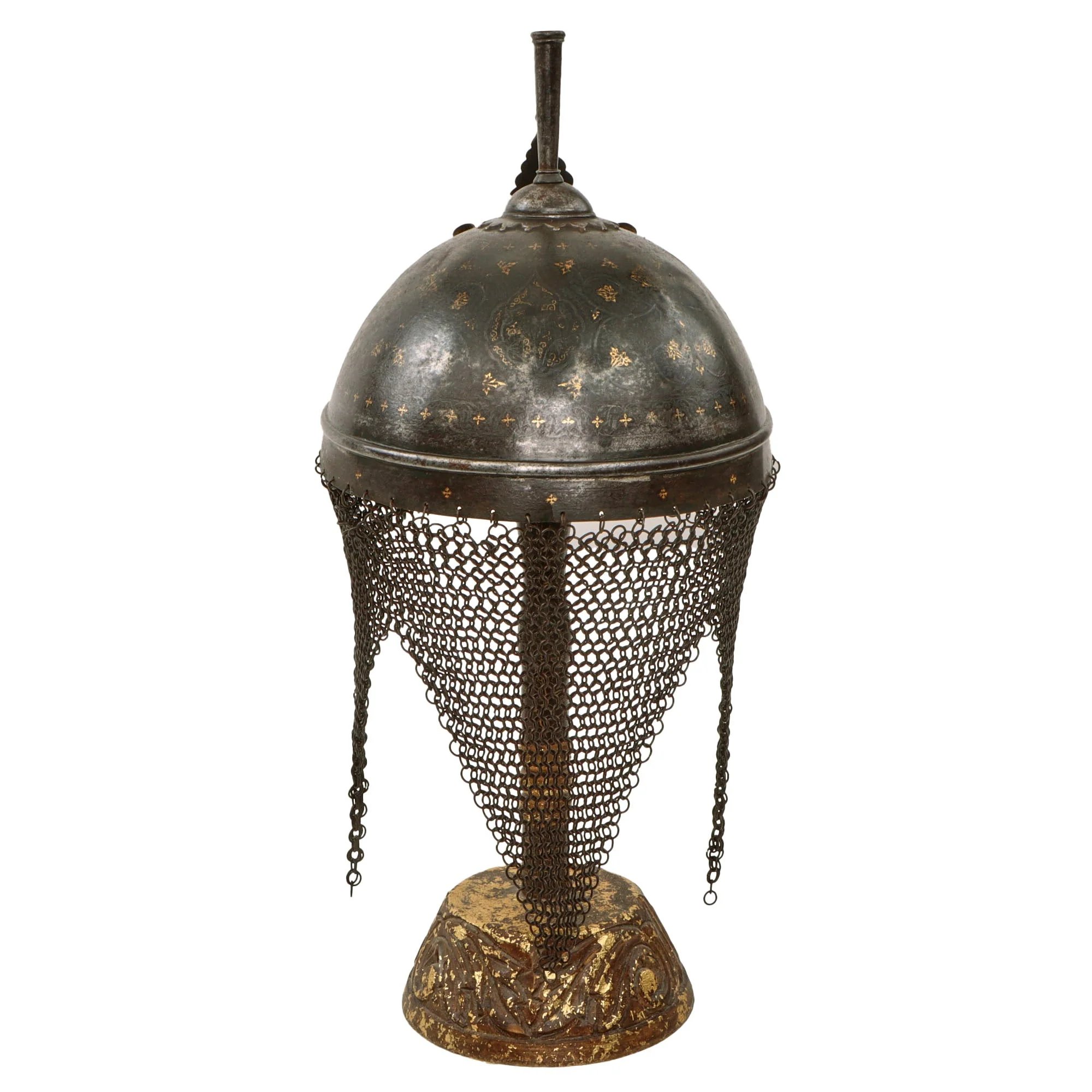Original Magnificent Gold Inlaid & Etched Kulah Khud War Helmet with Chainmail Neck Covering and Lovely Carved Wooden Stand - Late 18th Century — image 4