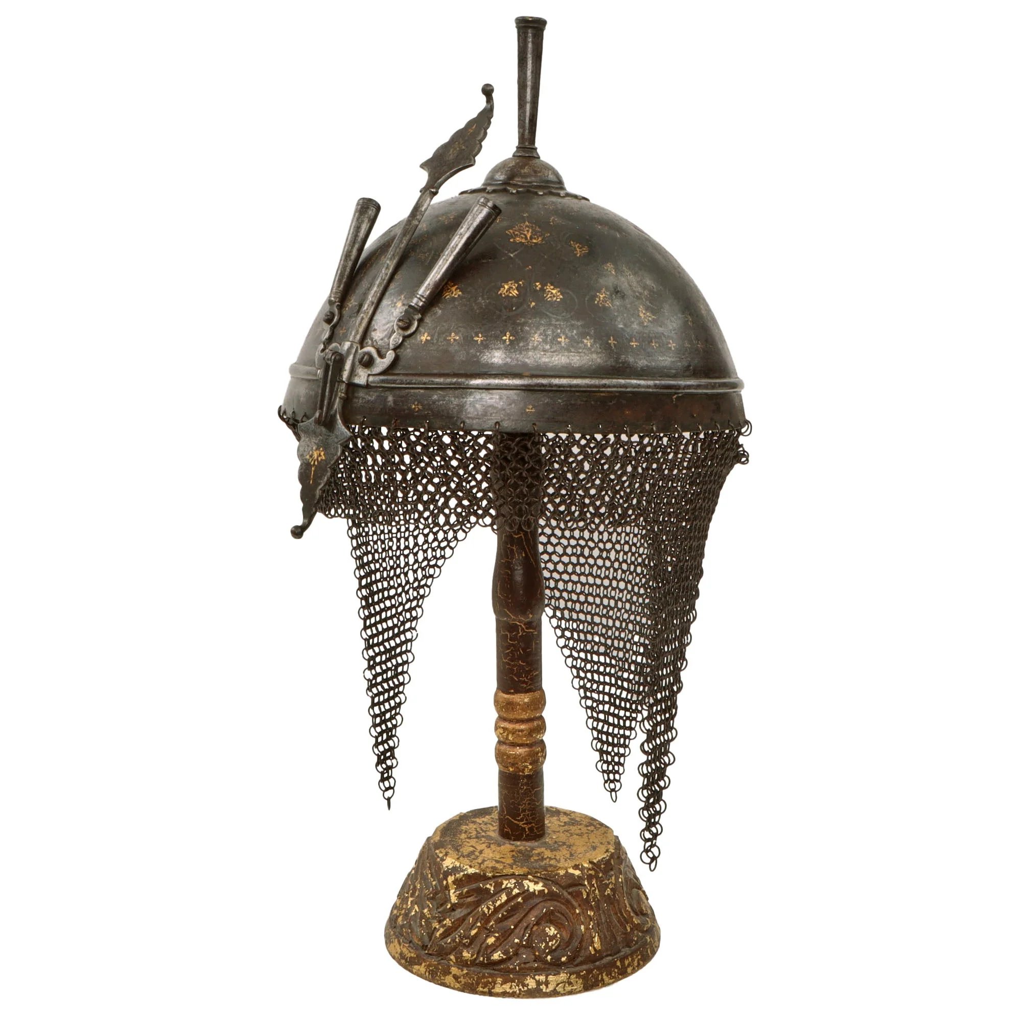 Original Magnificent Gold Inlaid & Etched Kulah Khud War Helmet with Chainmail Neck Covering and Lovely Carved Wooden Stand - Late 18th Century — image 5