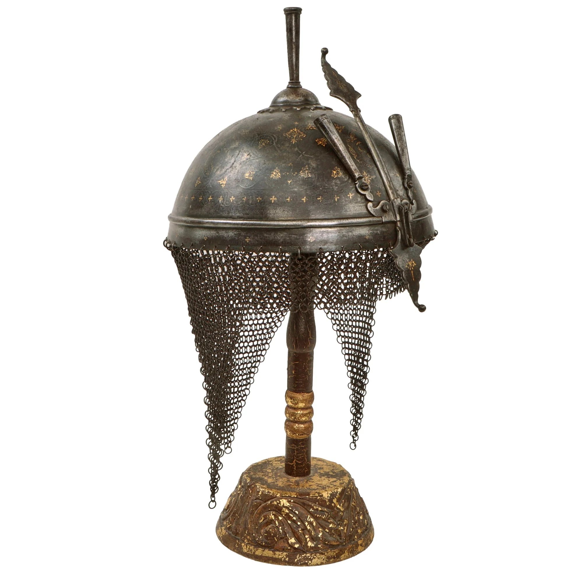 Original Magnificent Gold Inlaid & Etched Kulah Khud War Helmet with Chainmail Neck Covering and Lovely Carved Wooden Stand - Late 18th Century — image 6
