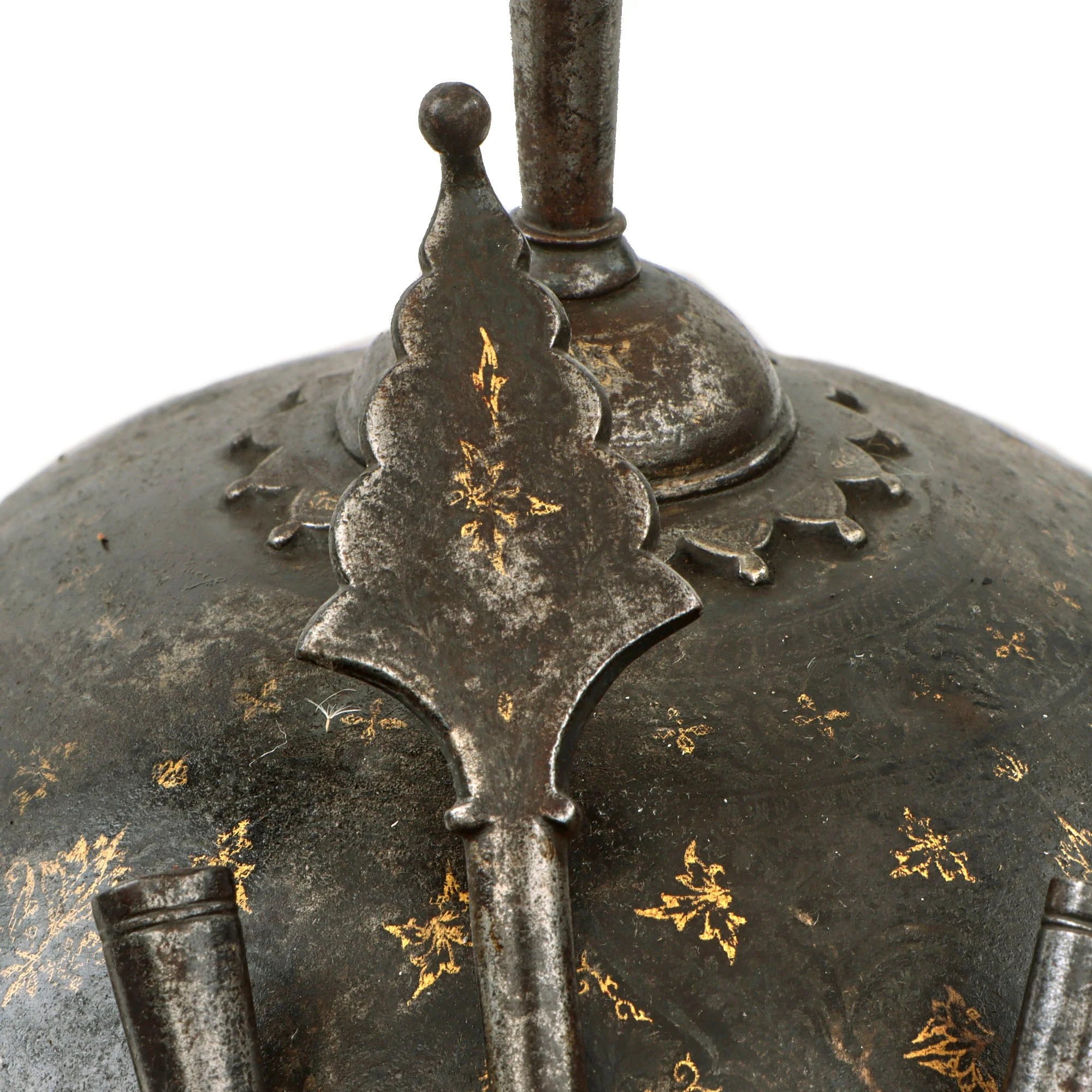 Original Magnificent Gold Inlaid & Etched Kulah Khud War Helmet with Chainmail Neck Covering and Lovely Carved Wooden Stand - Late 18th Century — image 7