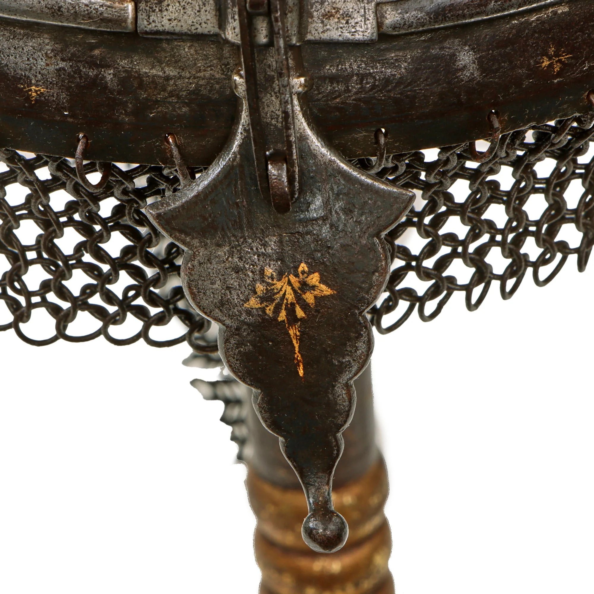 Original Magnificent Gold Inlaid & Etched Kulah Khud War Helmet with Chainmail Neck Covering and Lovely Carved Wooden Stand - Late 18th Century — image 8