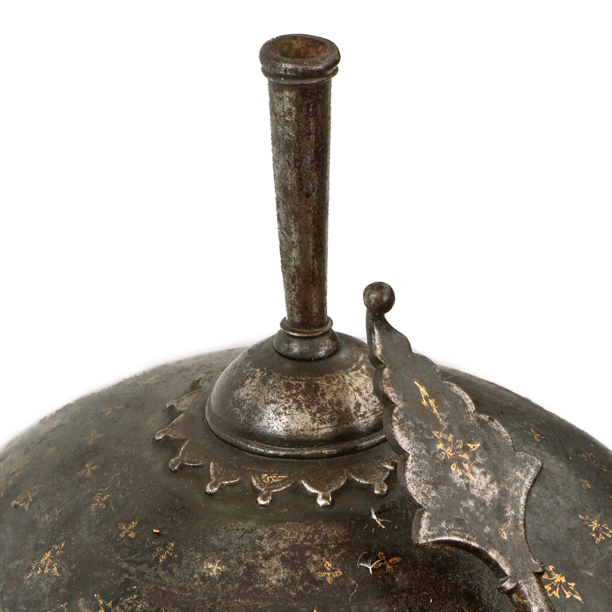 Original Magnificent Gold Inlaid & Etched Kulah Khud War Helmet with Chainmail Neck Covering and Lovely Carved Wooden Stand - Late 18th Century — image 9