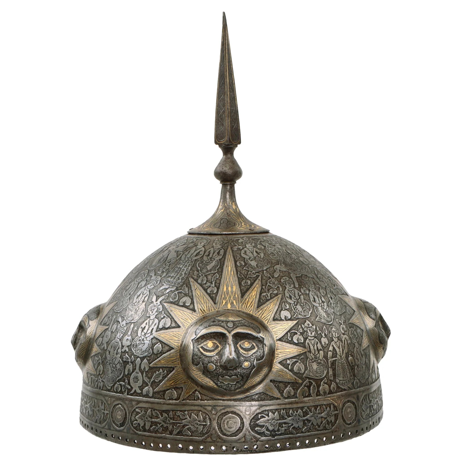 Original Magnificent North Indian Gold Inlaid Kulah Khud Spiked Sun Face War Helmet with Museum Catalog Tag - Circa 1800 — image 14