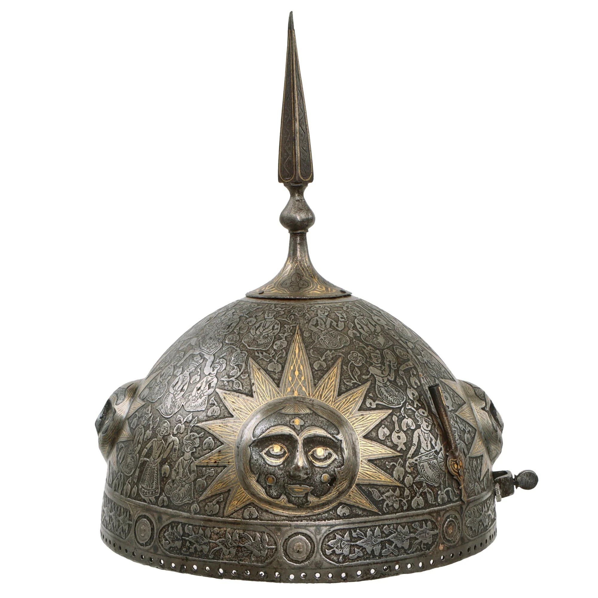 Original Magnificent North Indian Gold Inlaid Kulah Khud Spiked Sun Face War Helmet with Museum Catalog Tag - Circa 1800 — image 15