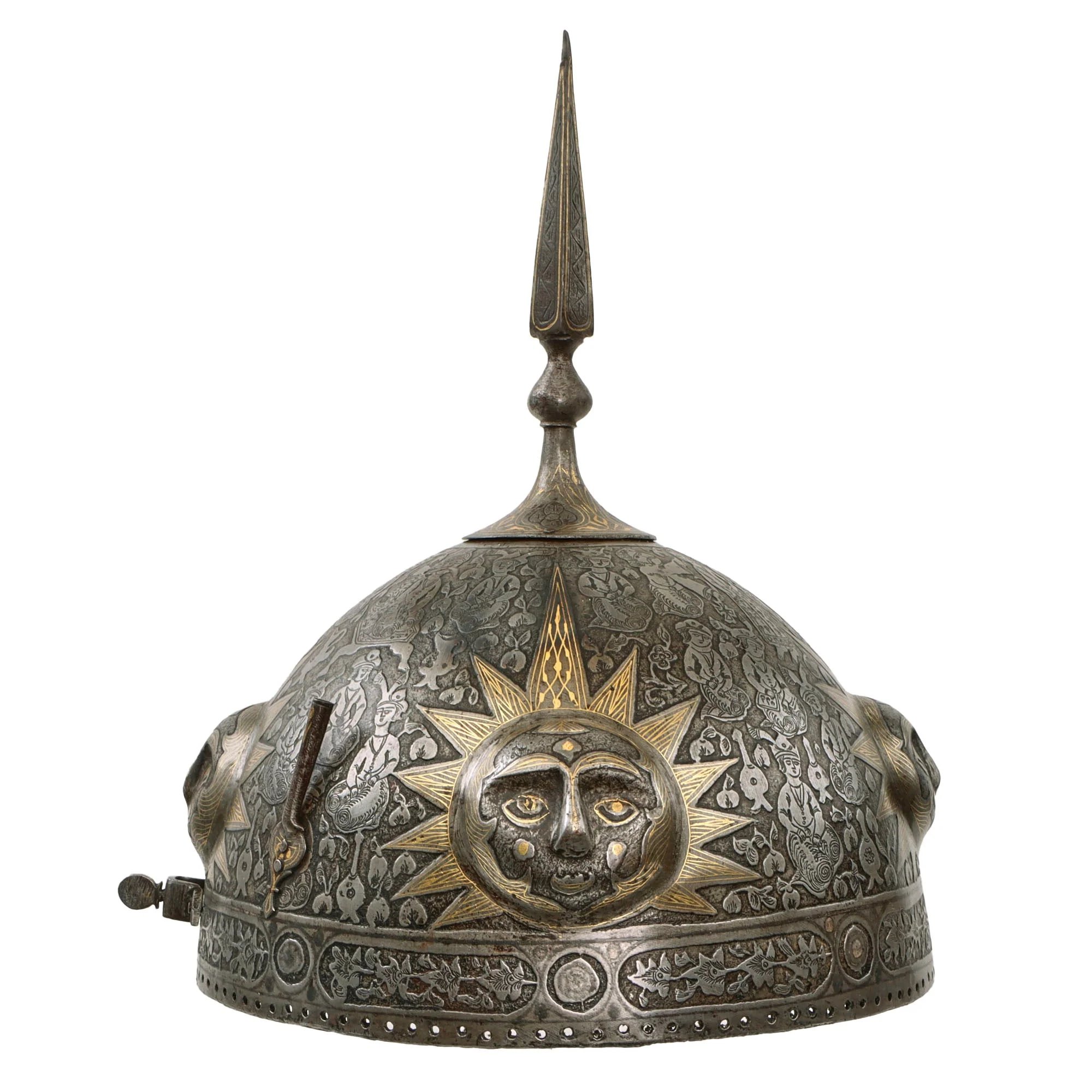 Original Magnificent North Indian Gold Inlaid Kulah Khud Spiked Sun Face War Helmet with Museum Catalog Tag - Circa 1800 — image 2