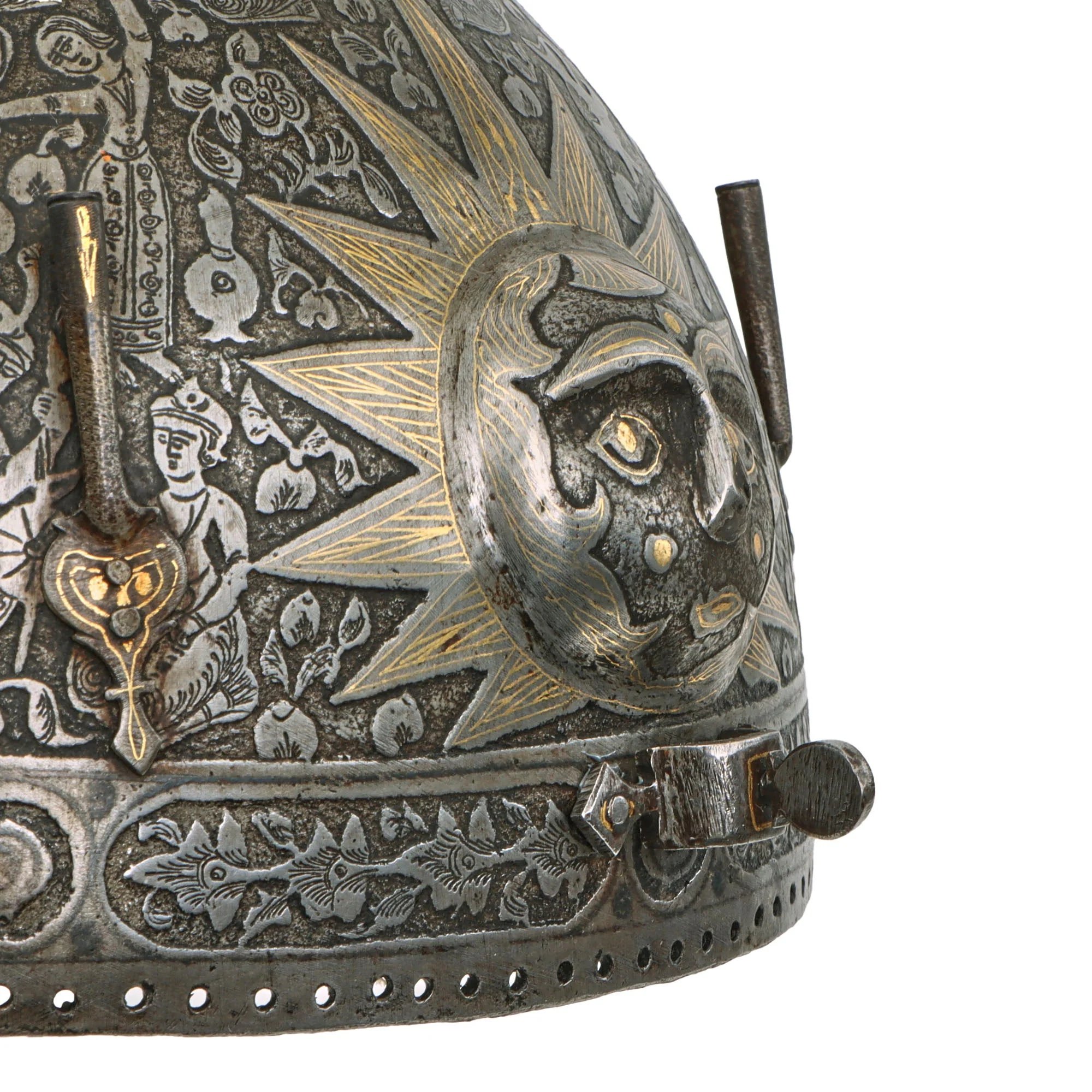 Original Magnificent North Indian Gold Inlaid Kulah Khud Spiked Sun Face War Helmet with Museum Catalog Tag - Circa 1800 — image 5
