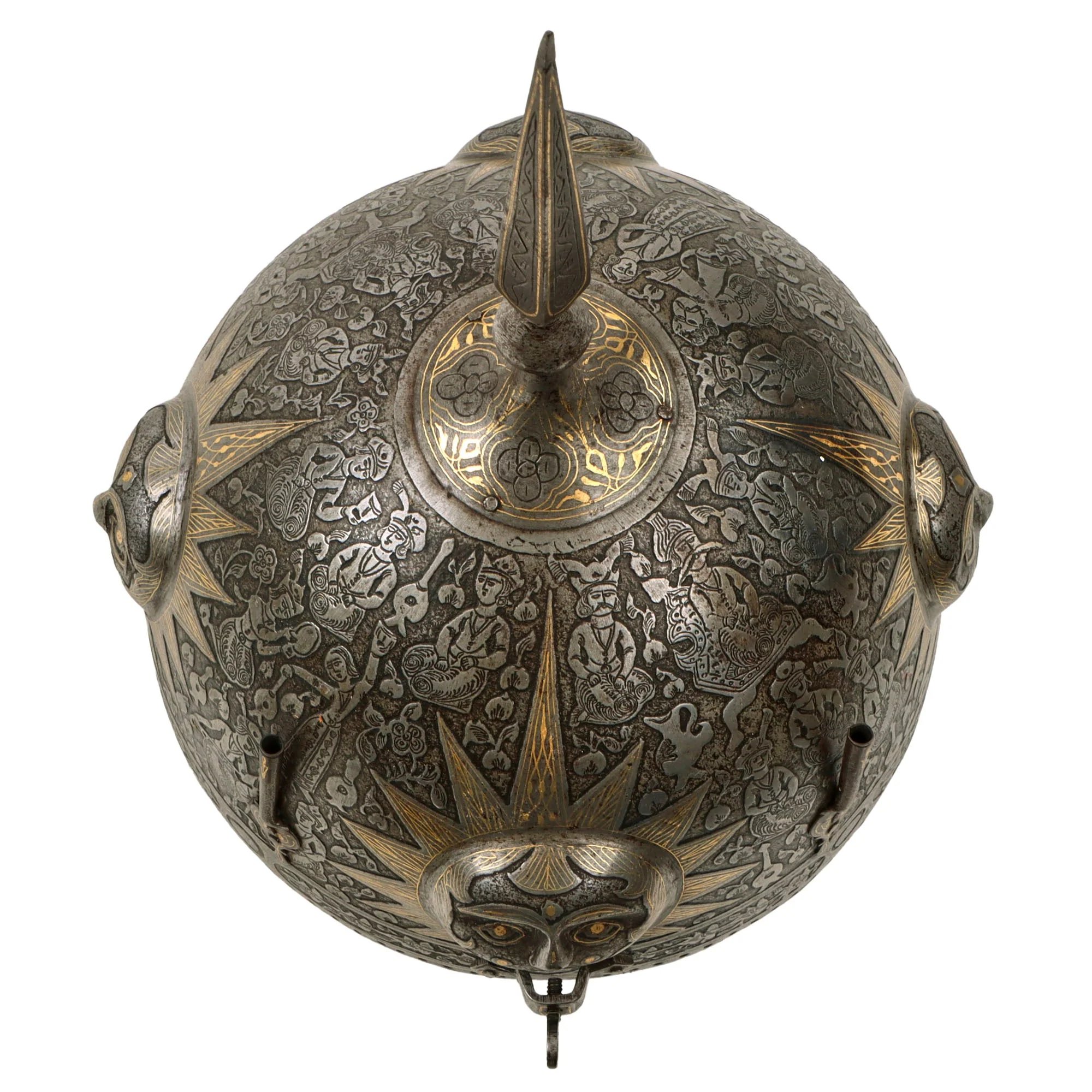 Original Magnificent North Indian Gold Inlaid Kulah Khud Spiked Sun Face War Helmet with Museum Catalog Tag - Circa 1800 — image 6