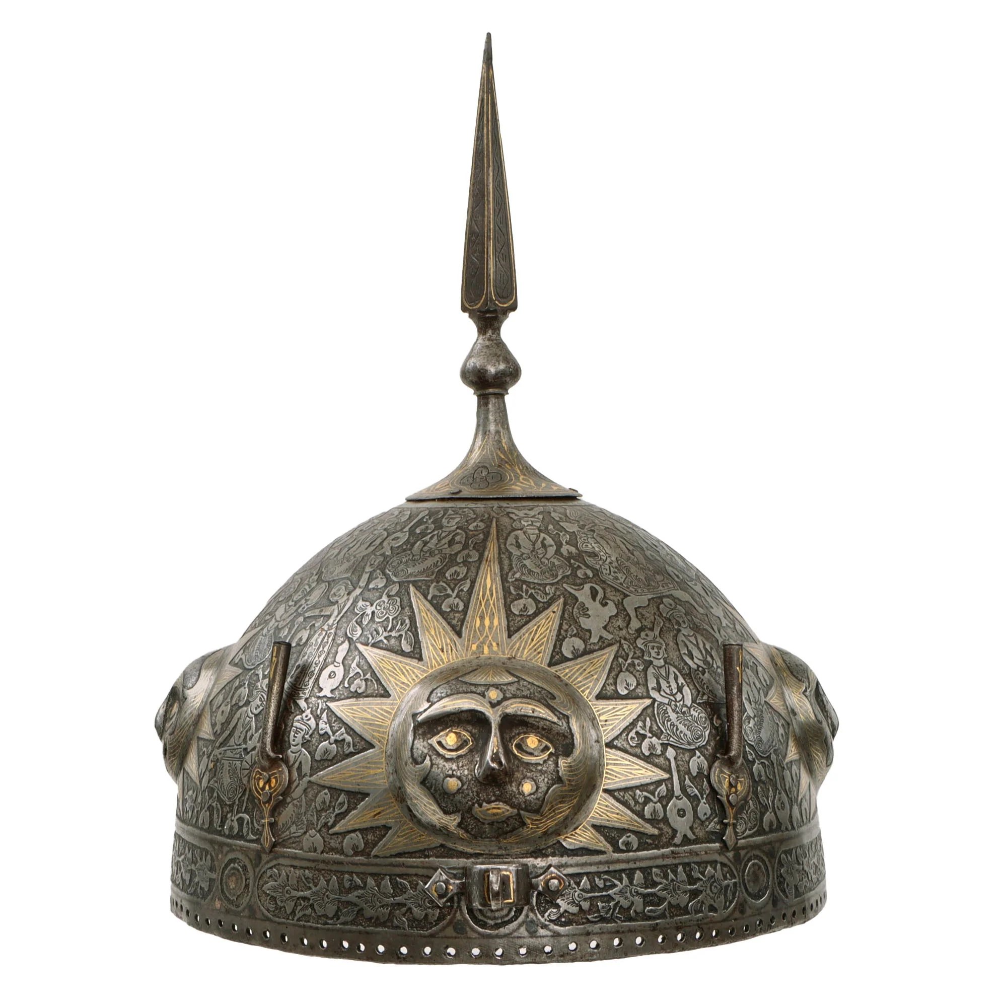 Original Magnificent North Indian Gold Inlaid Kulah Khud Spiked Sun Face War Helmet with Museum Catalog Tag - Circa 1800 — image 7
