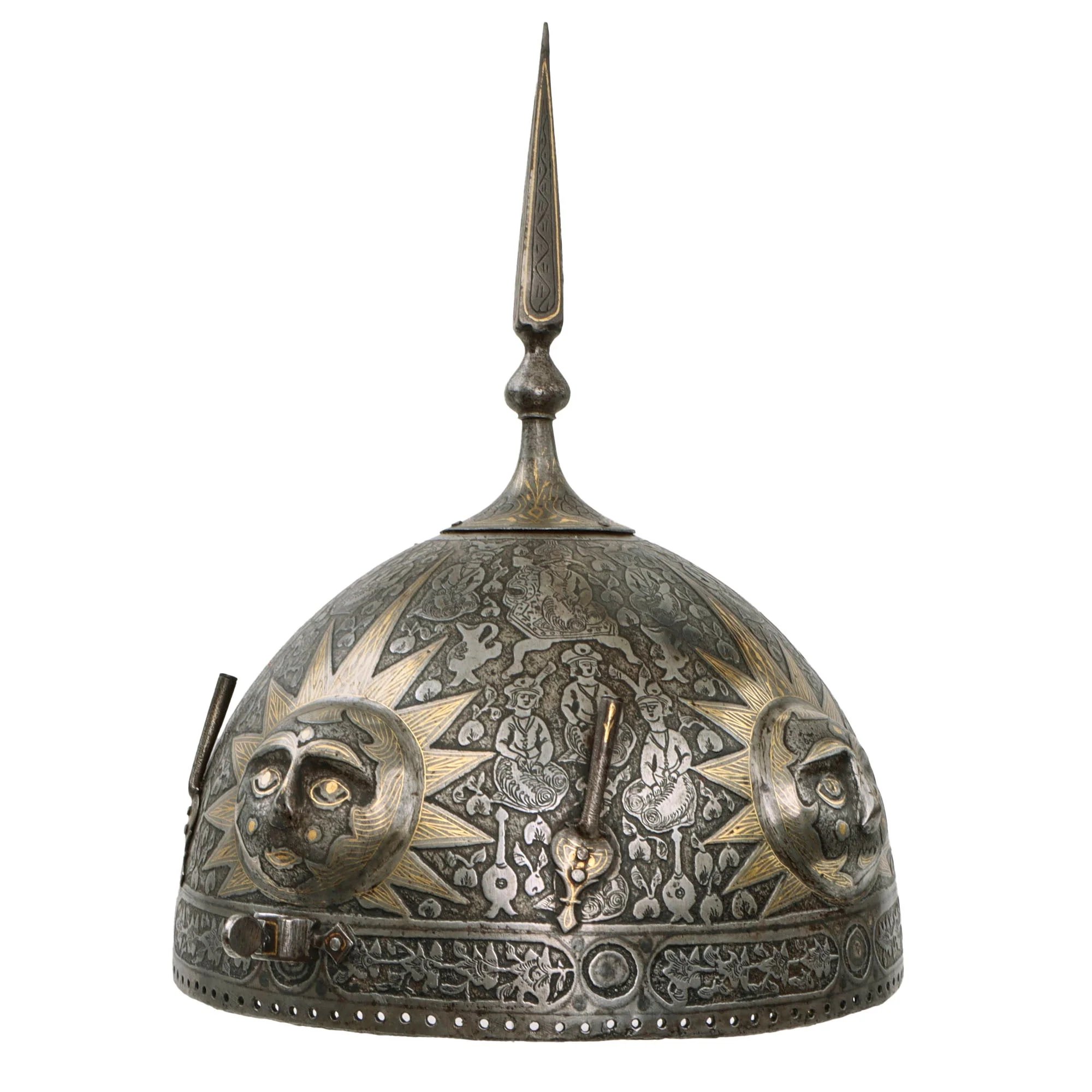 Original Magnificent North Indian Gold Inlaid Kulah Khud Spiked Sun Face War Helmet with Museum Catalog Tag - Circa 1800 — image 8