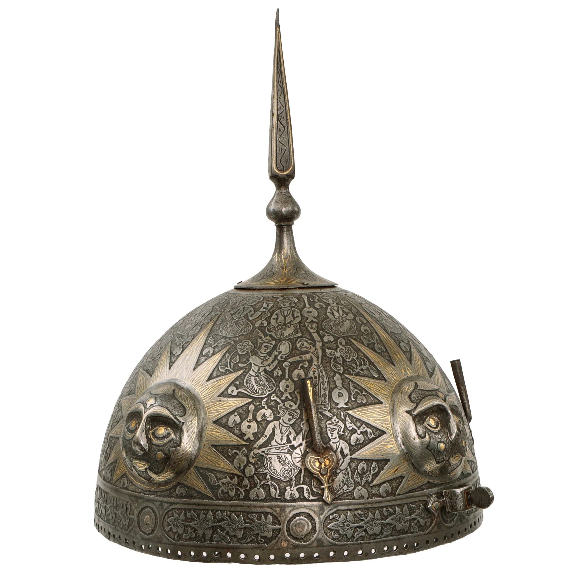 Original Magnificent North Indian Gold Inlaid Kulah Khud Spiked Sun Face War Helmet with Museum Catalog Tag - Circa 1800 — image 9