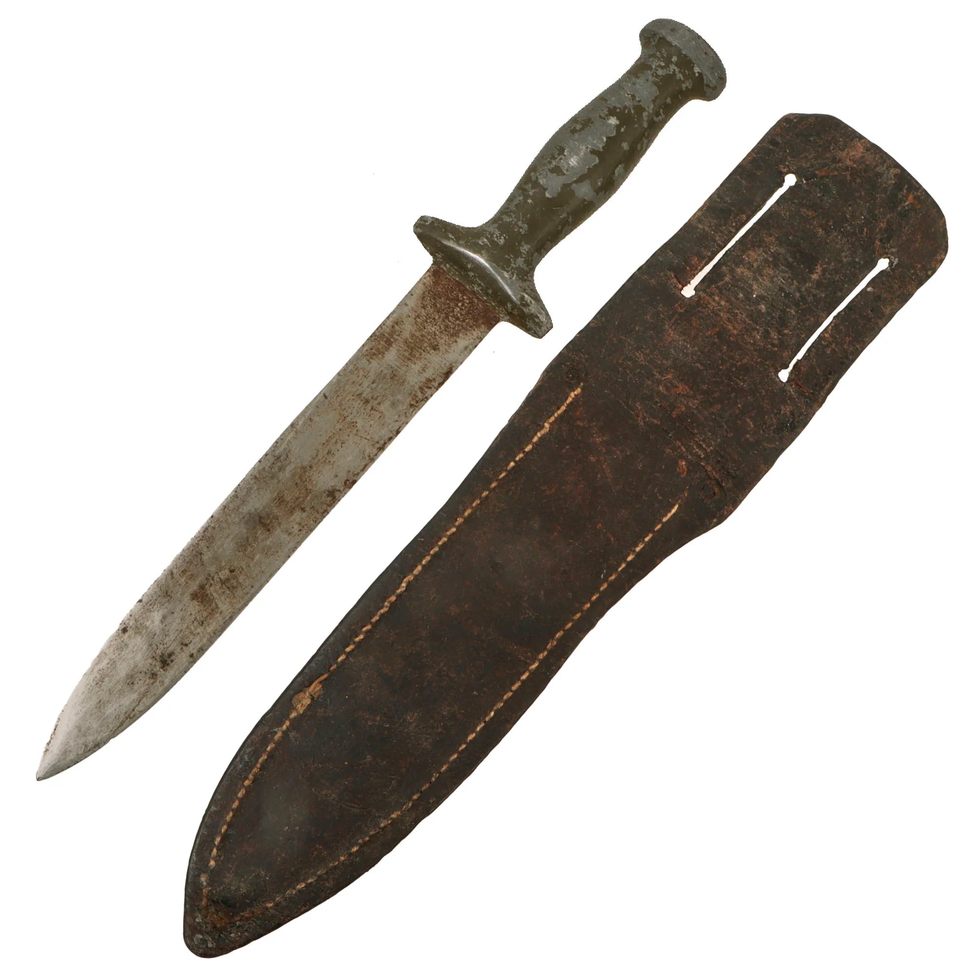 Original U.S. WWII Australian Made Fighting Knife with Cast OD Green-Painted Handle in Leather Sheath — image 2