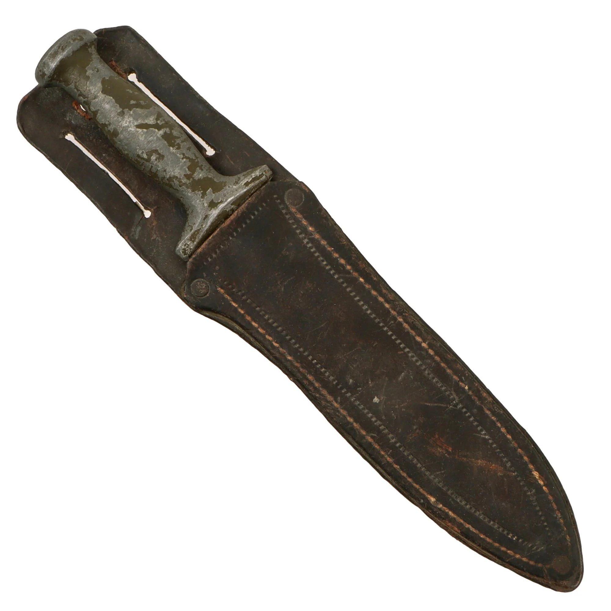 Original U.S. WWII Australian Made Fighting Knife with Cast OD Green-Painted Handle in Leather Sheath — image 3