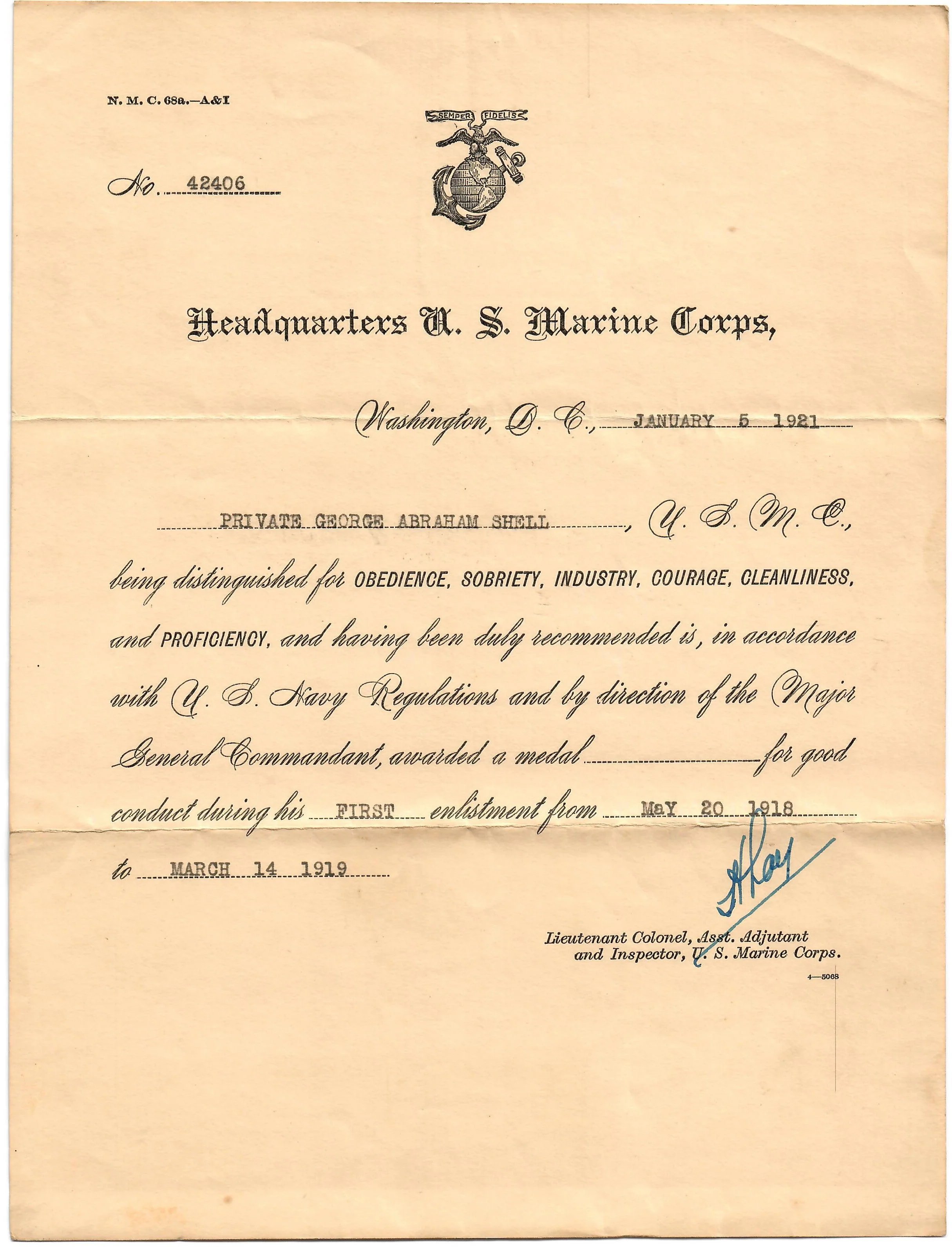 Original U.S. WWI Marine Corps Dog Tag & Good Conduct Medal with Accompanying Documents & Ephemera - Private George Abraham Shell — image 3