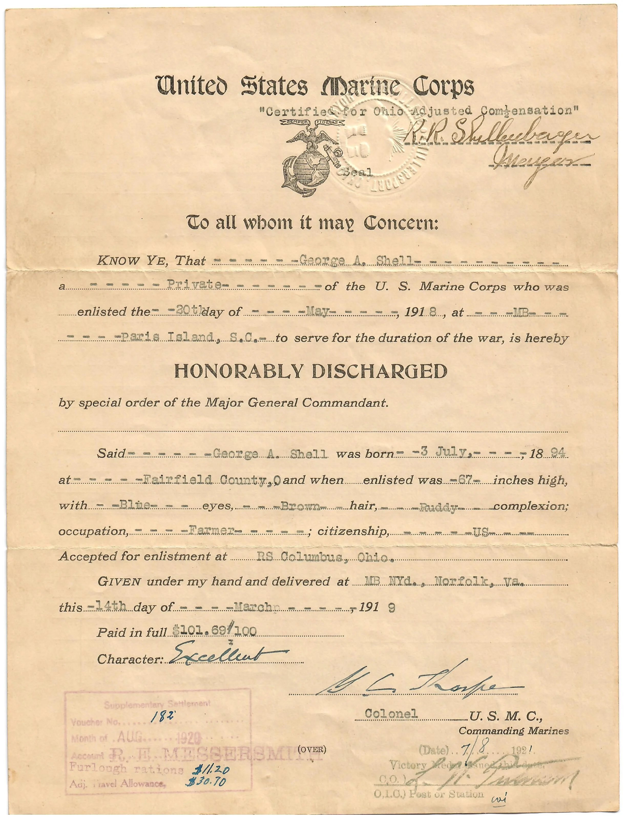 Original U.S. WWI Marine Corps Dog Tag & Good Conduct Medal with Accompanying Documents & Ephemera - Private George Abraham Shell — image 6