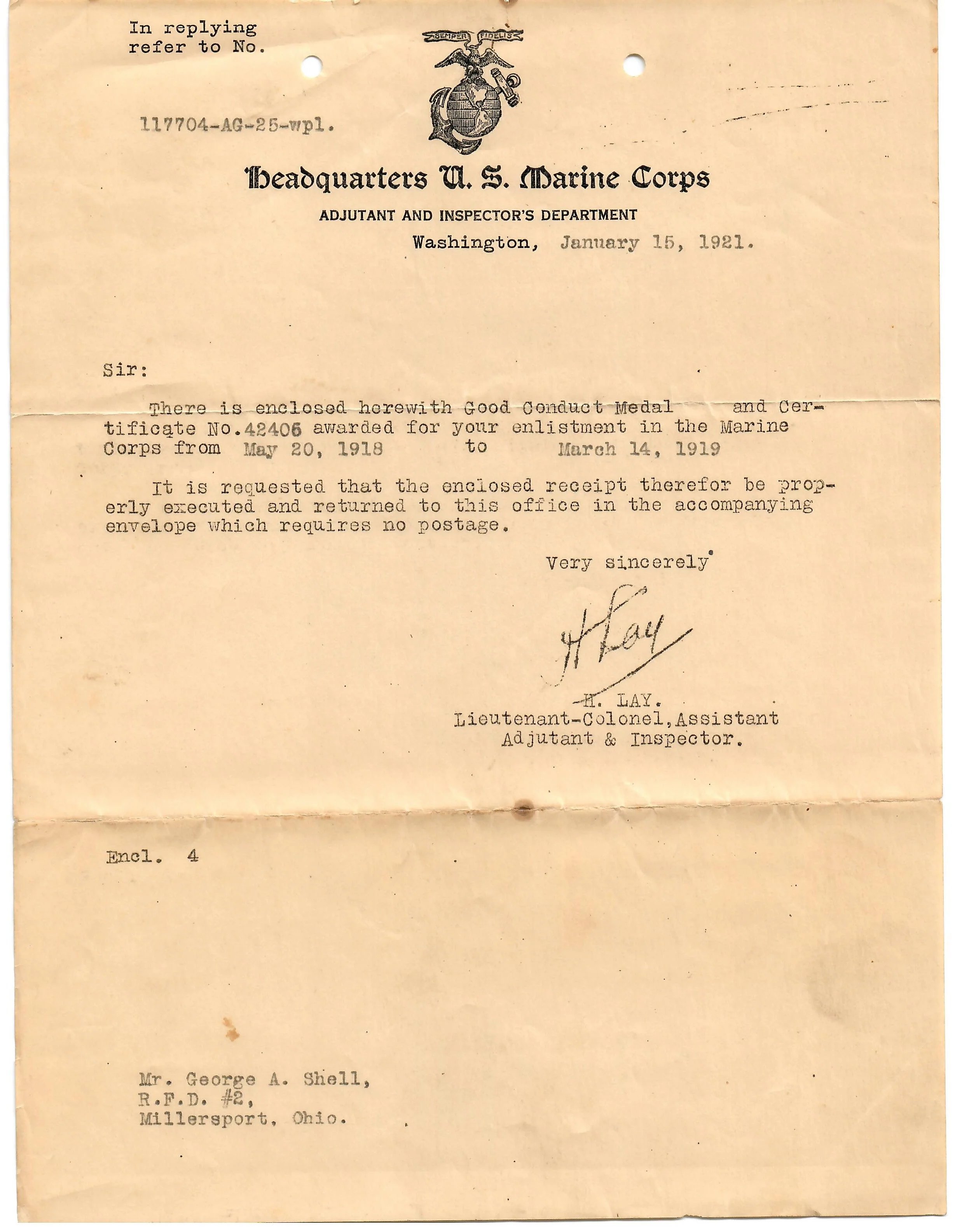 Original U.S. WWI Marine Corps Dog Tag & Good Conduct Medal with Accompanying Documents & Ephemera - Private George Abraham Shell — image 7