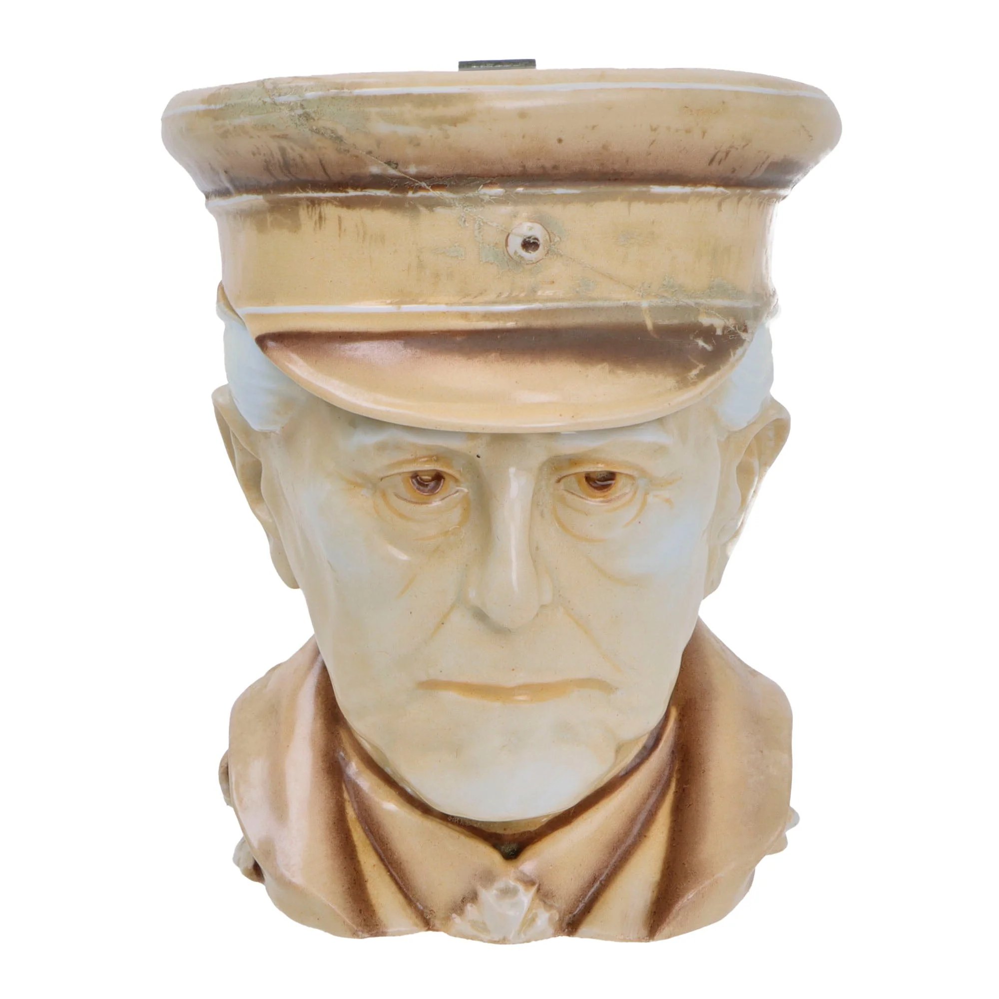 Original Imperial German WWI Era Portly Character Helmuth Von Moltke the Elder Stein with Hinged Lid by Musterschutz with Period Inscription Under Visor — image 2