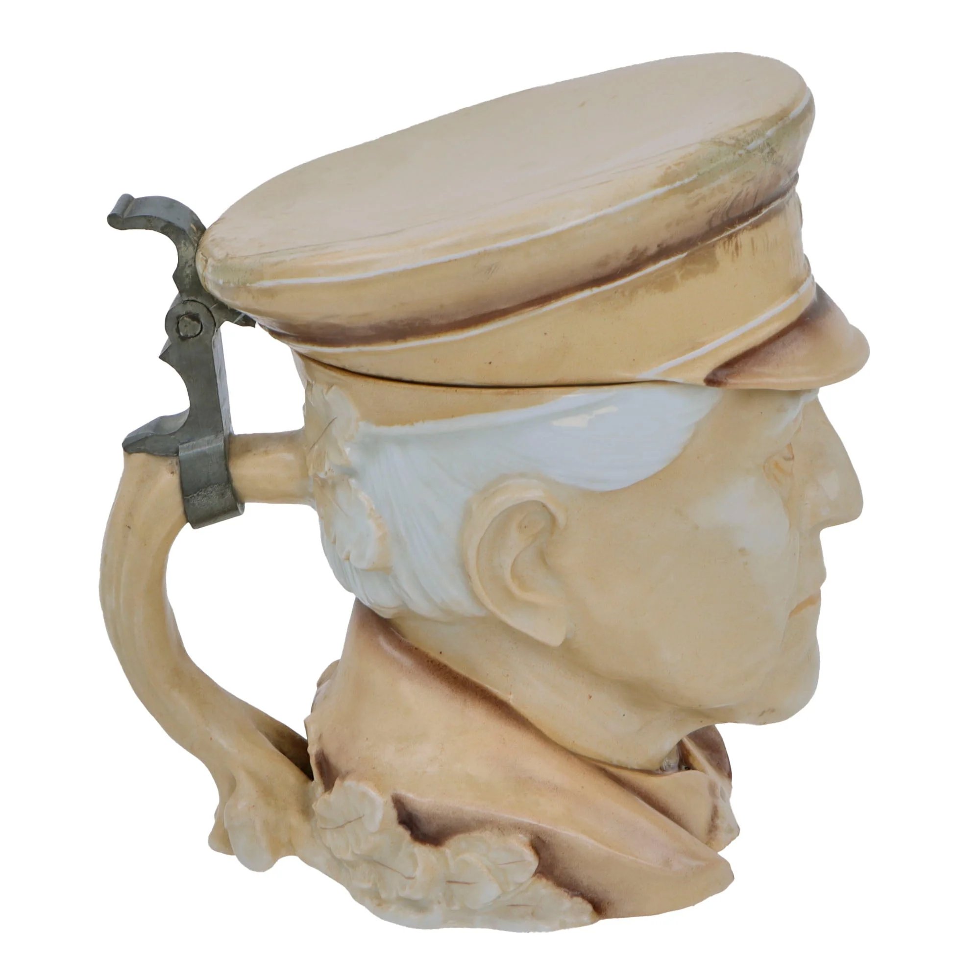 Original Imperial German WWI Era Portly Character Helmuth Von Moltke the Elder Stein with Hinged Lid by Musterschutz with Period Inscription Under Visor — image 3