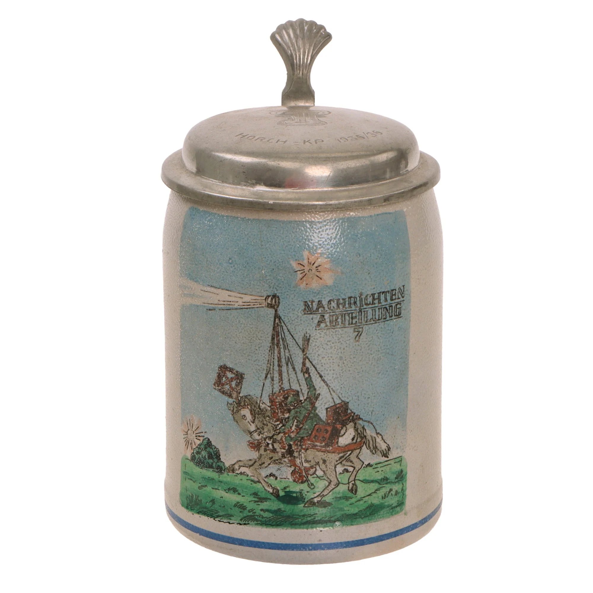 Original German Pre-WWII 7th Signal Battalion Lidded Beer Stein with Horseback Signalman Depiction - Dated 1935-1936 — image 3