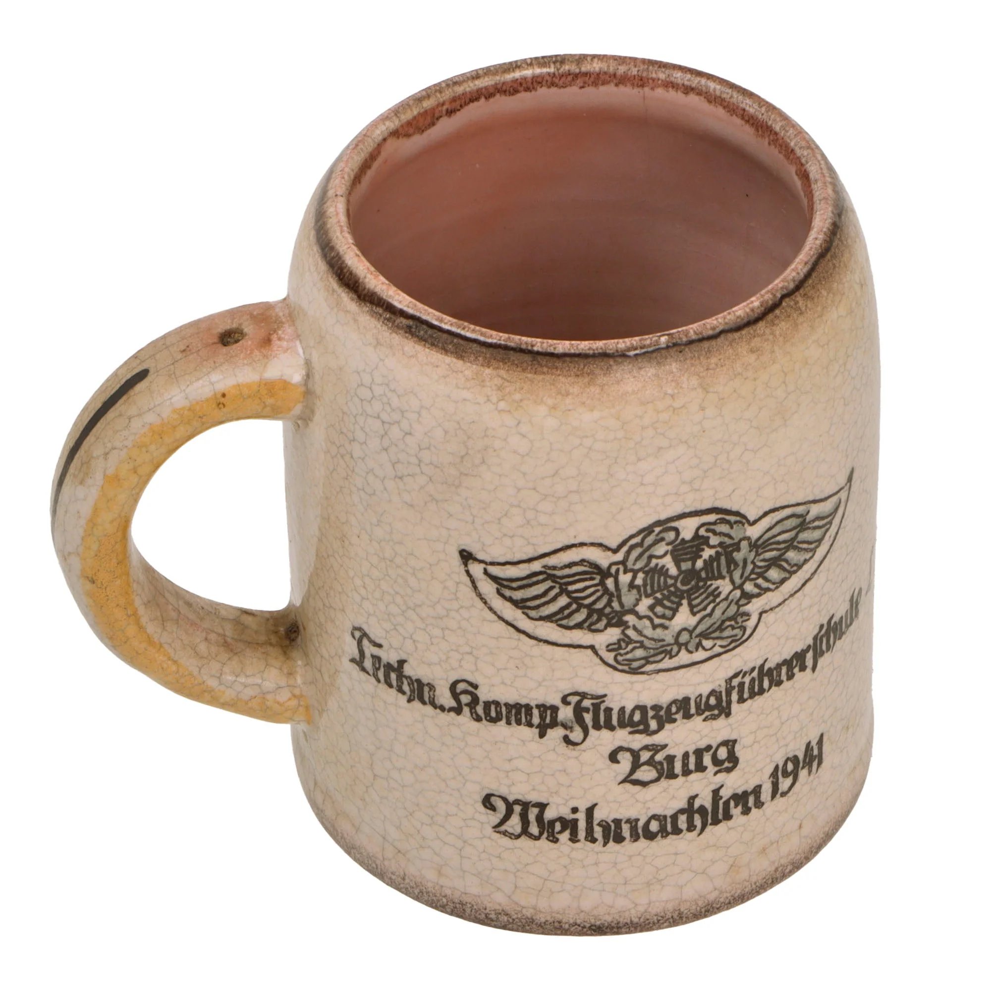 Original German WWII 1941-Dated Luftwaffe Technical Company, Pilot Training School Christmas Beer Stein with Pilot Wing & Burg Depiction - No Lid — image 2