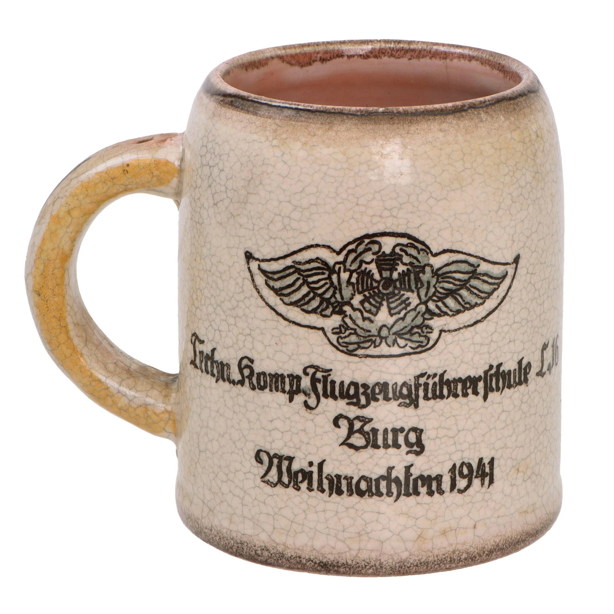 Original German WWII 1941-Dated Luftwaffe Technical Company, Pilot Training School Christmas Beer Stein with Pilot Wing & Burg Depiction - No Lid — image 3