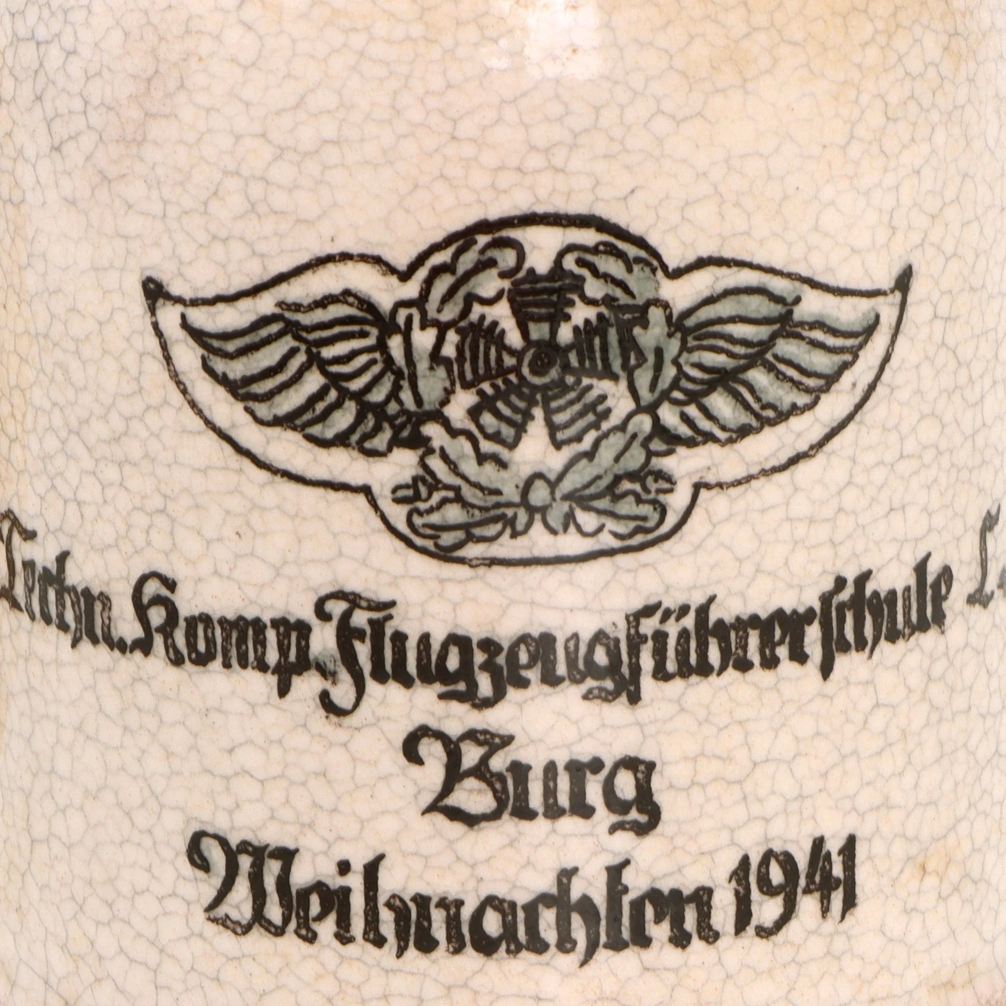 Original German WWII 1941-Dated Luftwaffe Technical Company, Pilot Training School Christmas Beer Stein with Pilot Wing & Burg Depiction - No Lid — image 4