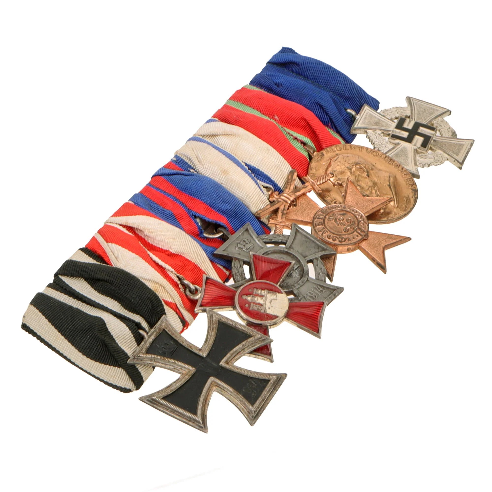 Original German WWI Era Medal Bar with 1914 EKII, City of Hamburg Hanseatic Cross & Bavarian Merenti Cross of Military Merit with Swords - 6 Awards — image 15