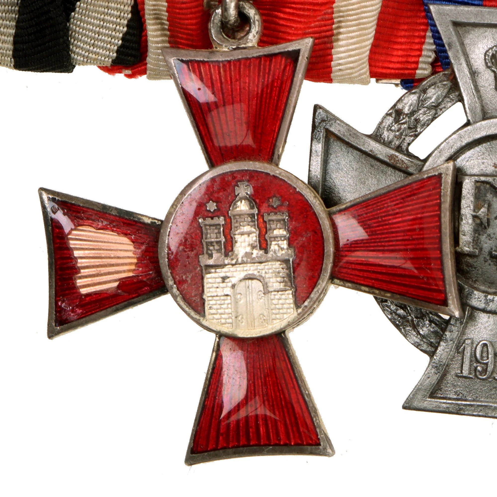 Original German WWI Era Medal Bar with 1914 EKII, City of Hamburg Hanseatic Cross & Bavarian Merenti Cross of Military Merit with Swords - 6 Awards — image 3
