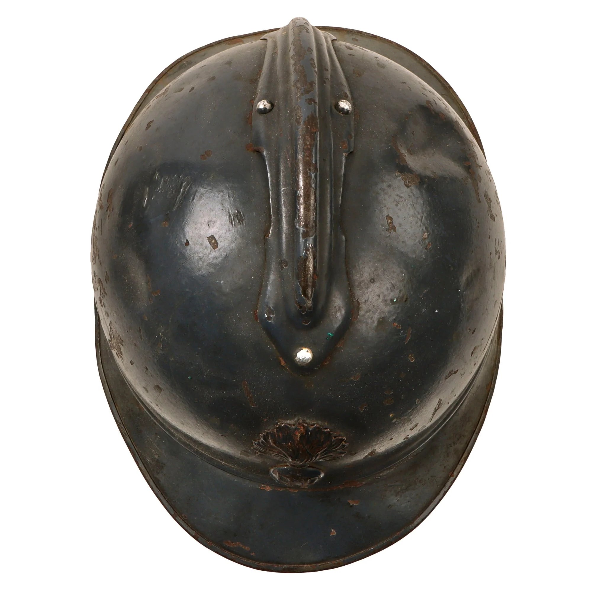 Original French WWI Issue Model 1915 Infantry Adrian Helmet in Horizon Blue with Scarce 1st Pattern Liner & Period Newspapers Used as Liner Padding — image 10