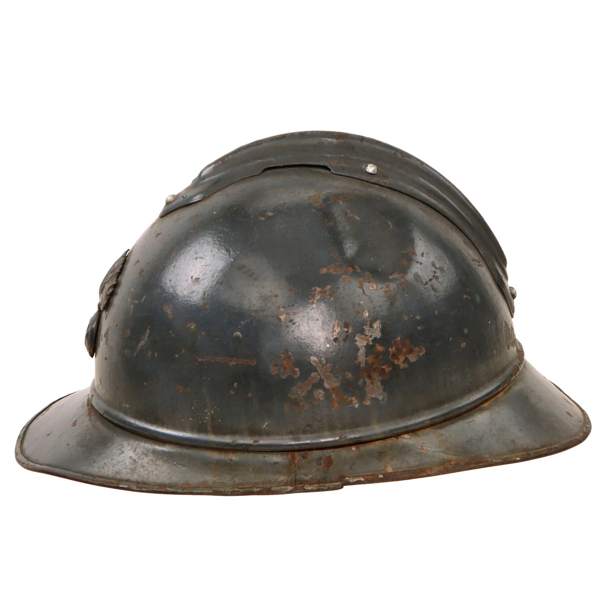Original French WWI Issue Model 1915 Infantry Adrian Helmet in Horizon Blue with Scarce 1st Pattern Liner & Period Newspapers Used as Liner Padding — image 11