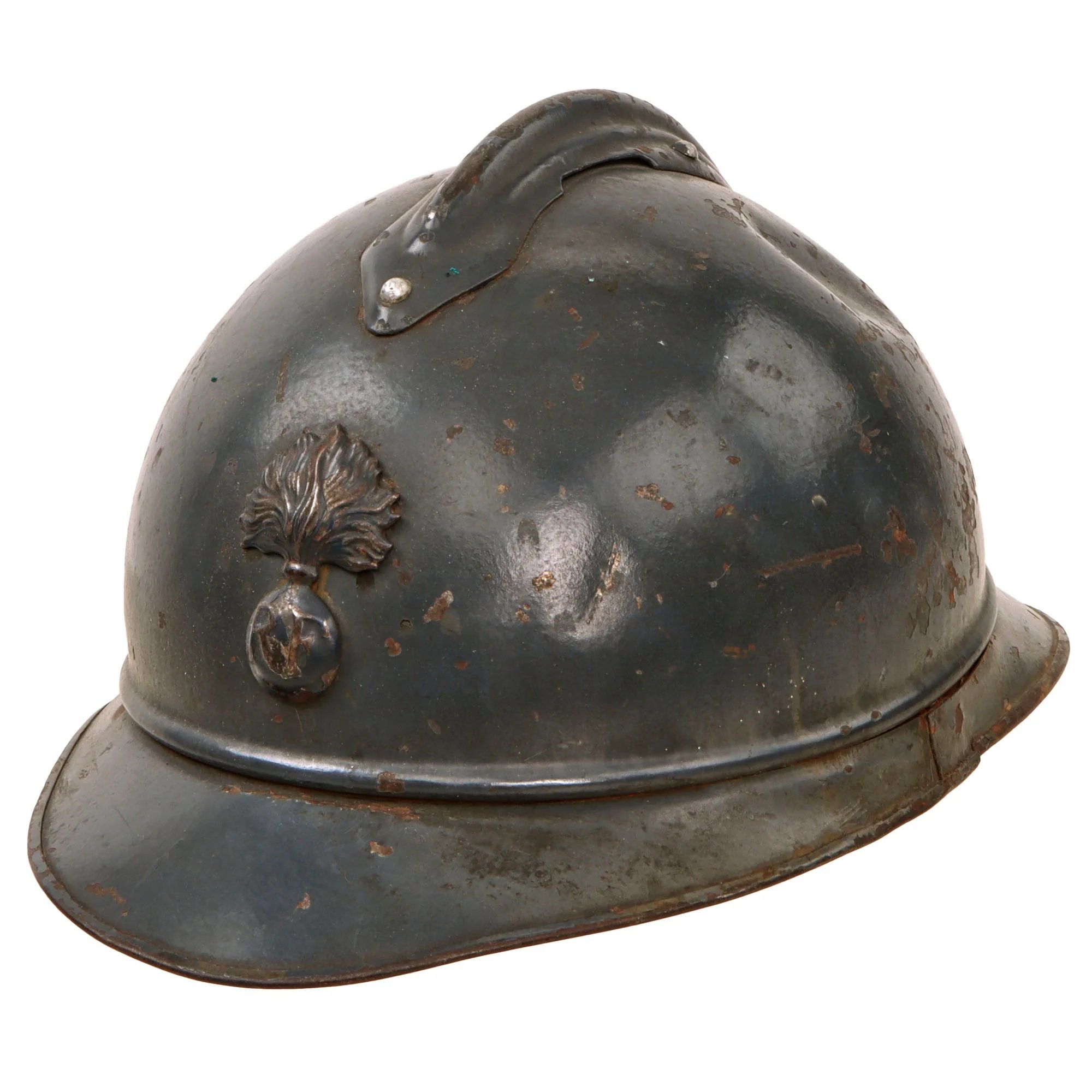 Original French WWI Issue Model 1915 Infantry Adrian Helmet in Horizon Blue with Scarce 1st Pattern Liner & Period Newspapers Used as Liner Padding — image 2