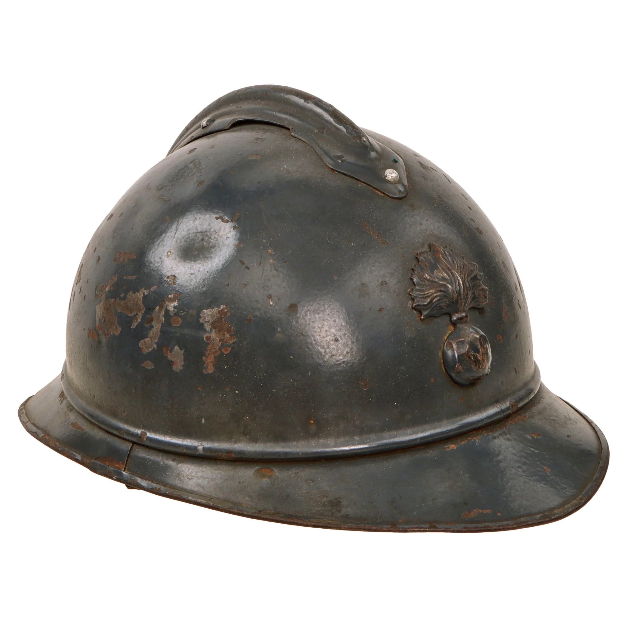 Original French WWI Issue Model 1915 Infantry Adrian Helmet in Horizon Blue with Scarce 1st Pattern Liner & Period Newspapers Used as Liner Padding — image 3