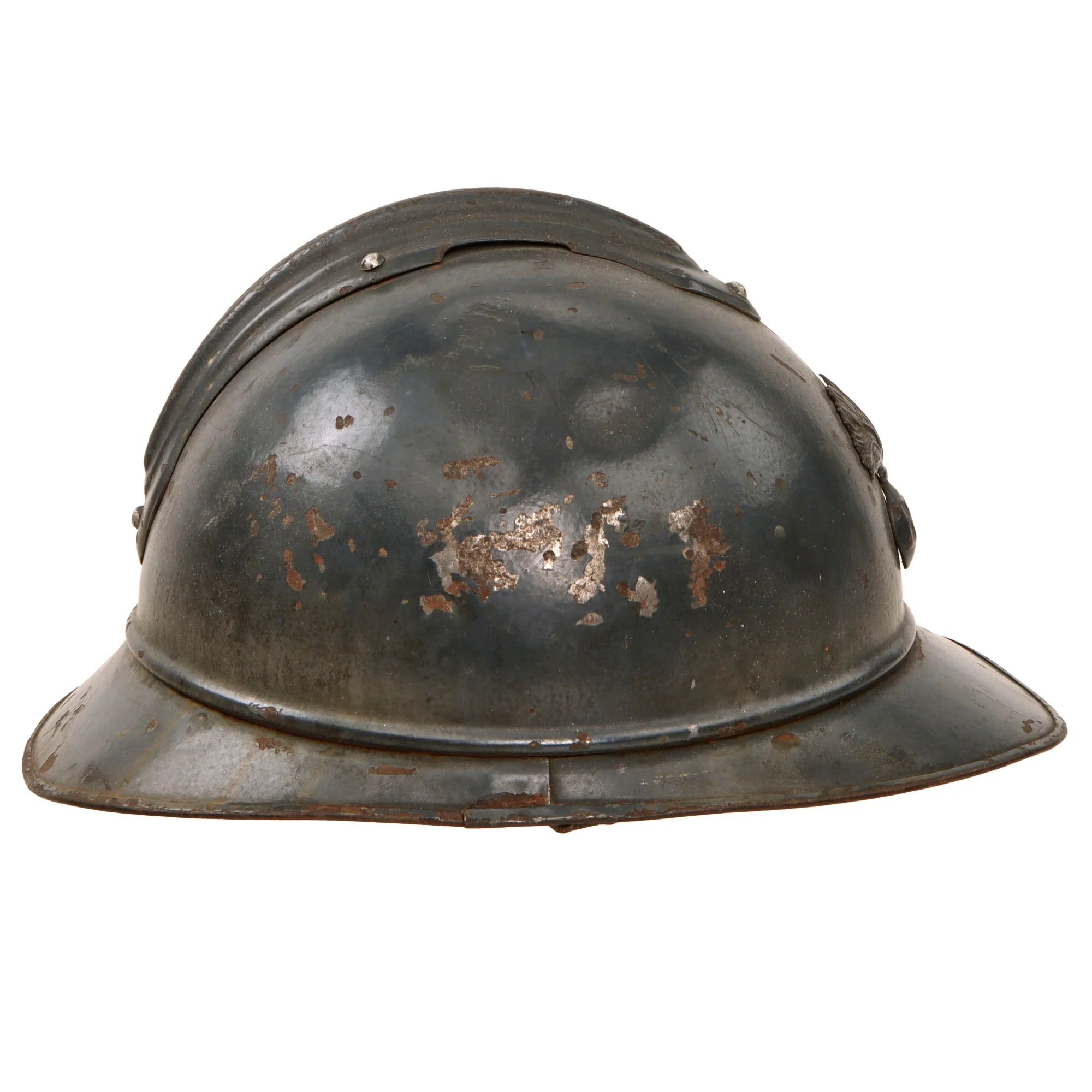 Original French WWI Issue Model 1915 Infantry Adrian Helmet in Horizon Blue with Scarce 1st Pattern Liner & Period Newspapers Used as Liner Padding — image 4