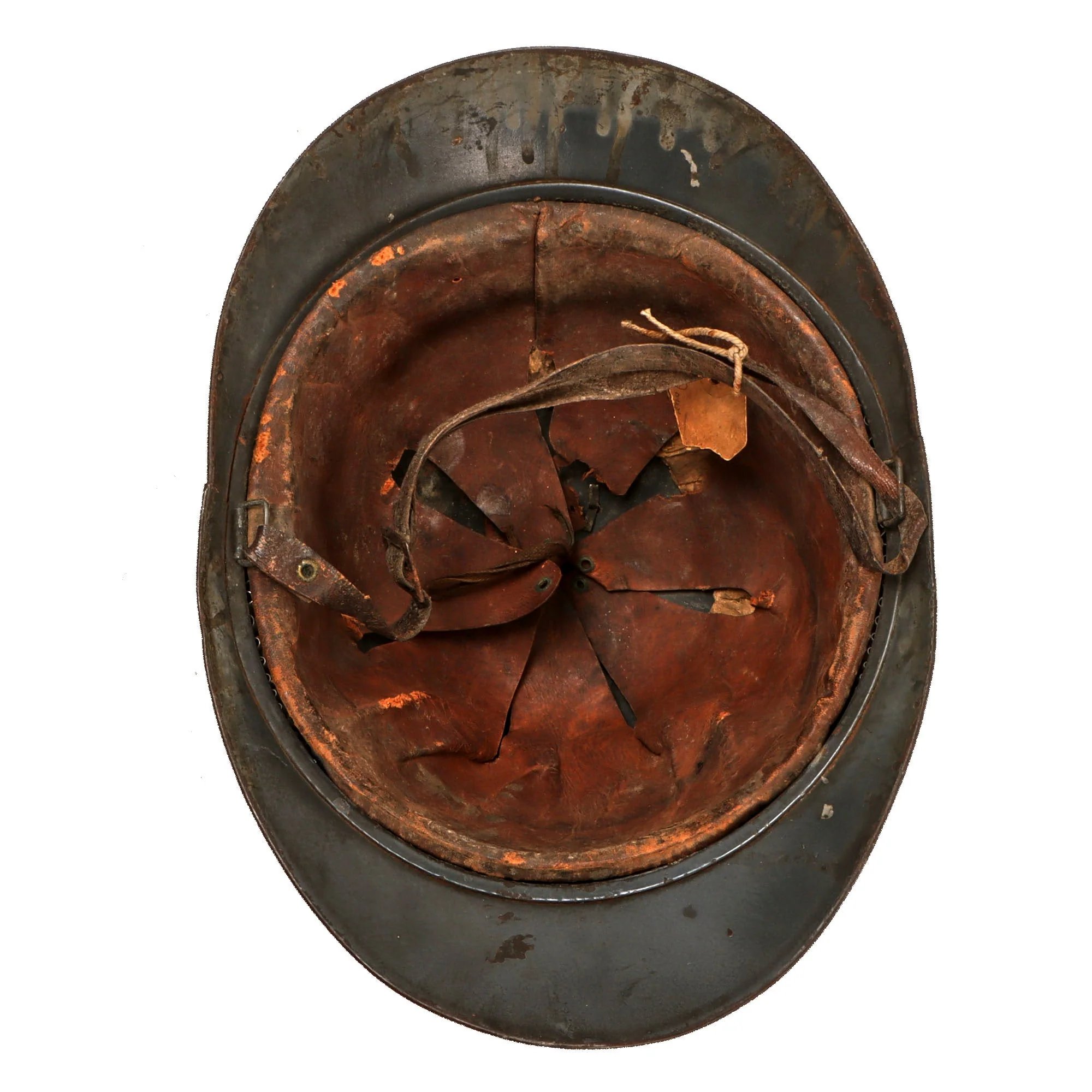 Original French WWI Issue Model 1915 Infantry Adrian Helmet in Horizon Blue with Scarce 1st Pattern Liner & Period Newspapers Used as Liner Padding — image 5