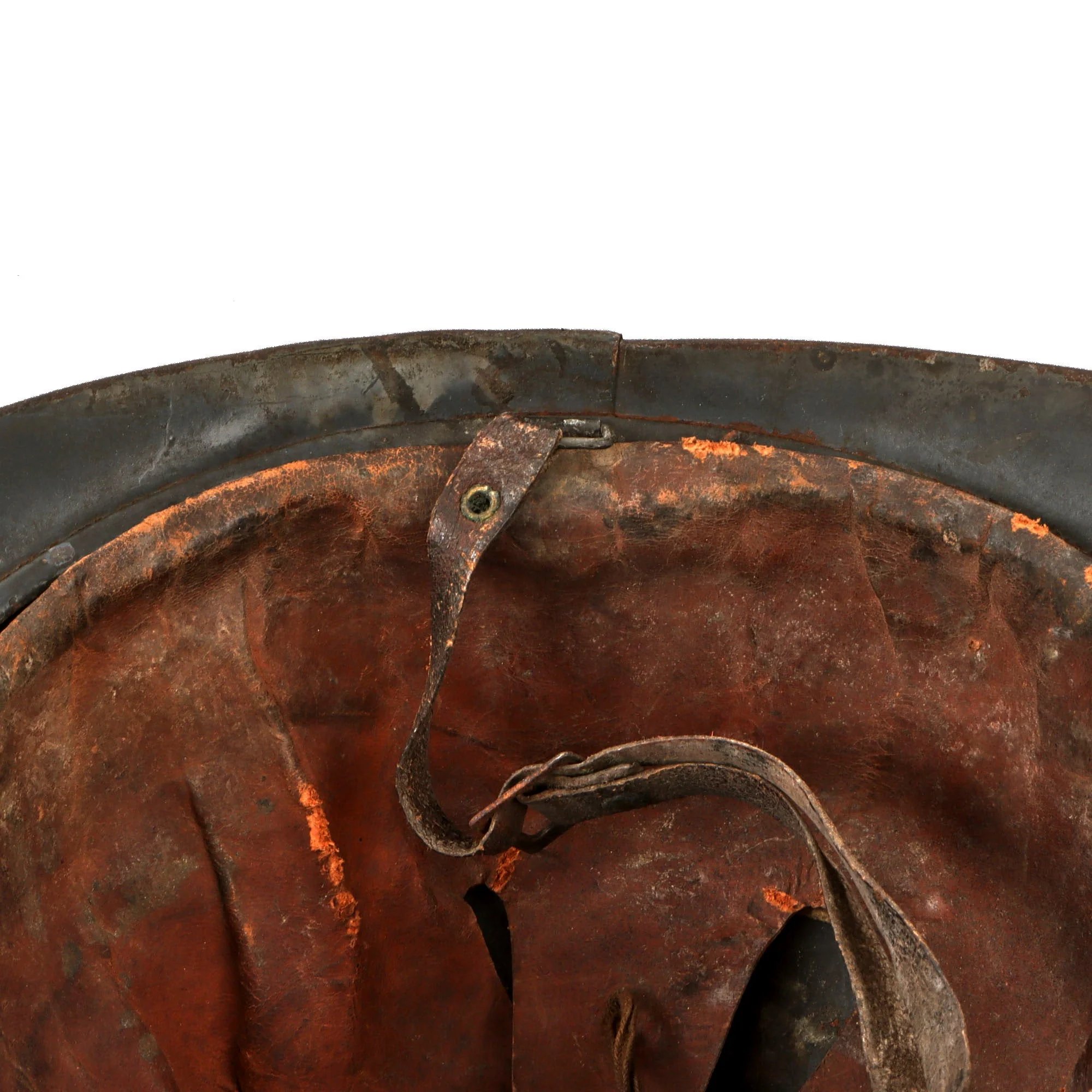 Original French WWI Issue Model 1915 Infantry Adrian Helmet in Horizon Blue with Scarce 1st Pattern Liner & Period Newspapers Used as Liner Padding — image 6