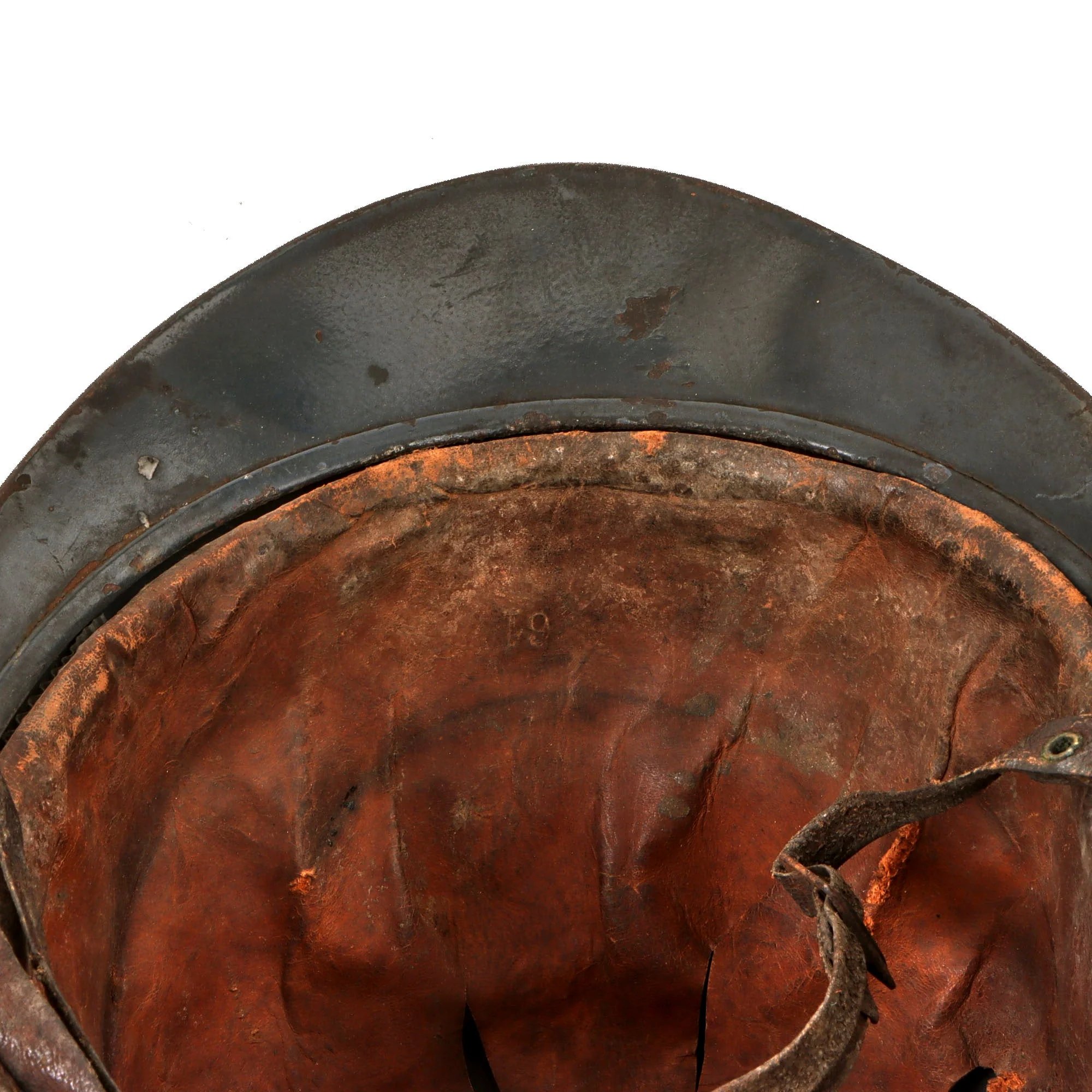 Original French WWI Issue Model 1915 Infantry Adrian Helmet in Horizon Blue with Scarce 1st Pattern Liner & Period Newspapers Used as Liner Padding — image 7